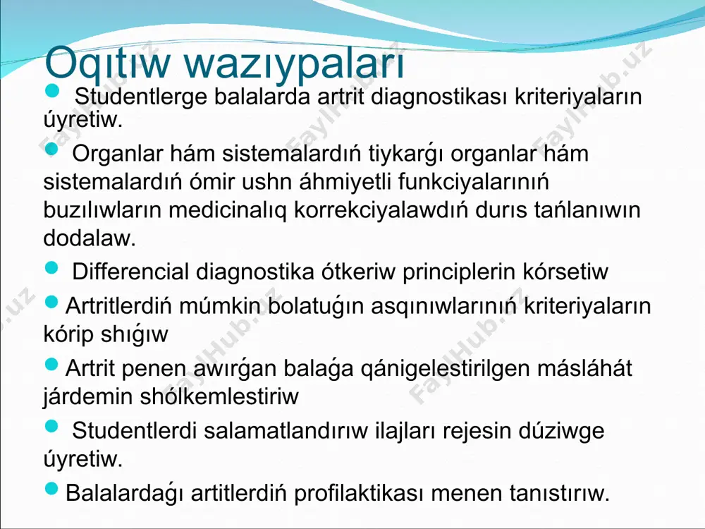 isiniw keselliklerine alıp keliwi múmkin, sol sebepli infekciyalar menen baylanıslı artritlerdiń tómendegi klasları ajıratılmaqta: tiykarınan infekciyalıq (septik) artritler, bunda buwın boslıǵınan aktiv kóbeyiwshi qozǵatıwshılar ajıralıp shıǵıwı múmkin, sebebi bulardıń tikkeley invaziyası artritke sebep boladı. olardın eń tipik wakili ótkir irińli artrit esaplanadı. 2. postinfekciyalıq artrit , bunda buwın boslıǵında anıq infekciyalıq antigenler tabıladı, biraq tiri aktiv qozǵawshılar emes (qozǵawshınıń ajıralıp shıǵıwı múmkin, biraq olardıń buwın boslıǵında kóbeyiwi júz bermeydi). septik artritlerden parıqlı túrde sinovial suyıqlıq irinli xarakterge iye emes. olardıń patogenezi buwın toqımalarında immun komplekslerdin toplanıwı menen baylanıslı boladı. 3. reaktiv artritler, olar anıq infekciya menen anıq baylanıs payda etedi, biraq sonıń menen birge, buwında qozǵawshılardıń da, tiyisli infekciyalıq antigenlerdiń de joqlıǵı menen xarakterlenedi. bul ótkir irinli bolmaǵan artritler bolıp, tolıq keri rawajlanıwǵa beyim. diagnostikalıq kriteriyalar: - artralgiya - buwın formasınıń ózgeriwi - buwınlardıń háreketsheńliginiń buzılıwı - periartrit, bursit etiologiyalıq faktorǵa baylanıslı: gektik ısıtpa, subfebril temperaturanıń tolqınlanıwı, qaltıraw hám terdiń …
