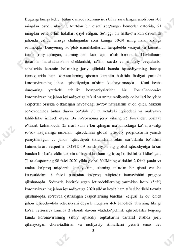 roiqtisodiyotning muhim muammolarini o’rganish ob’ekti hisoblanadi. kurs ishining predmeti: makroiqtisodiyot fanining tadqiqiot usullari va resurslar,tovarlar va xizmatlar hamda daromadlar va xarajatlarning doiraviy oqimi modelllarini o’rganish darajalari predmeti hisoblanadi. kurs ishining maqsadi: kurs ishini yozishdan maqsad covid – 19 pandemiyasining muhim muammolari va ularni yechimini topish yo’llari hamda jahon iqtisodiyotiga va o’zbekiston iqtisodiyotiga ta’sirini yumshatish. kichik bizneslarni saqlab qolish yollarini va pandemiyalarning iqtisodiyotga boladigan tasirini organishdan iboratdir. kurs ishining vazifalari: kurs ishida qo’yilgan maqsadga erishish uchun quyidagi vazifalar belgilab olingan: · covid – 19 handemiyasi haqida · jahon iqtisodiyotiga ta’siri · pandemiyaning markaziy osiyoga ta’siri · pandemiyaning o’zbekiston iqtisodiga ta’siri · yirik davlar iqtisodidagi o’zgarishlar · pandemiyaning oldini olish uchun ko’rilgan chora tadbirlar 1.1. covid-19 ning o’zbekiston iqtisodiyotiga tasiri i.bobo covid 19 davrida o’zbekiston iqtisodiyotidagi o’zgarishlar dunyo iqtisodiyotiga yetkazilgan zararni inqiroz cho‘qqisidan o‘tilganidan so‘ng, umumiy tarzda hisoblash mumkin bo‘ladi. iqtisodiyotga pandemiyaning o‘zi emas, balki u bilan bog‘liq cheklovlar salbiy ta'sir qilmoqda.biroq, …