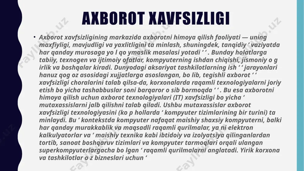 aligi va bunday kirishga cheklashlar doim bajarilishlik kafolati; nazorat qilinishi — istalgan paytda dastur majmuasining xoxlagan kismini tulik tekshirish mumkinligi kafolati; dentifikattsiyalashni nazorat qilish— xozir tizimga ulangan mijoz aniq o`zini kim deb atagan bulsa, aniq o`sha ekanligining kafolati; qasddan buzilishlarga to`sqinlik — oldindan kelishilgan me’yorlar chegarasida qasddan xato kiritilgan ma’lumotlarga nisbatan tizimning oldindan kelishilgan xolda o`zinitutishi. axborot - kommunikatsion tizimlar va tarmoqlarda taxdidlar tarmoq texnologiyalari rivojining boshlangich bosqichida viruslar va kompьyuter xujumlarining boshqa turlari ta’siridagi zarar kam edi, chunki u davrda dunyo iqtisodining axborot texnologiyalariga bogliqligi katta emas edi. hozirda, xujumlar sonining doimo o`sishi hamda biznesning axborotdan foydalanish va almashishning elektron vositalariga bogliqligi sharoitida mashina vaqtining yo`qolishiga olib keluvchi hatto ozgina xujumdan kelgan zarar juda katta raqamlar orqali hisoblanadi misol tariqasida keltirish mumkinki, faqat 2014 yilning birinchi choragida dunyo miqyosidagi yo`qotishlar 2015 yildagi barcha yo`qotishlar yigindisining 50%ini tashkil etgan, yoki bo`lmasa 2006 yilning o`zida rossiya federeatsiyasida 14 mingdan ortiq kompьyuter …