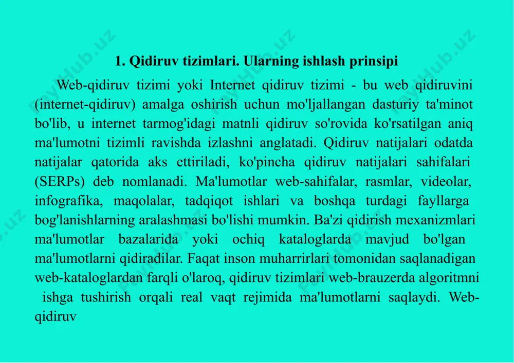 andan so'ng, indekslangan ma'lumotlar miqdori yoki web-saytda sarflangan vaqtdan so'ng, o'rgimchak aylanishni to'xtatadi va harakatni davom ettiradi. web-qidiruv vositasi haqiqatan ham ishlaydigan web-saytlarni ko’rib chiqishi mumkin. cheksiz web-saytlar, o'rgimchak to'rlari, spam va haqiqiy web-saytning boshqa imkoniyatlari tufayli, web- sayt skriningi qachon qabul qilinishi kerakligini aniqlash uchun skriptorlar siyosat tartibini qo'llaydilar. ba'zi web-saytlar to'la-to'kis ko'rib chiqilmoqda, boshqalari esa qisman o'rmalangandir ". indekslash web-sahifalarda topilgan so'zlarni va boshqa aniqlanadigan tokenlarni (attributlar) o'zlarining domen nomlari va html asosidagi maydonlarga bog'lashni anglatadi. uyushmalar ommaviy ma'lumotlar bazasida tuziladi va web-qidiruv so'rovlari uchun mavjud bo'ladi. foydalanuvchi so'rovi bitta so'z, bir nechta so'z yoki jumla bo'lishi mumkin. indeks so'rovga tegishli ma'lumotlarni iloji boricha tezroq topishga yordam beradi. indekslash va keshlashning ba'zi usullari - bu savdo sirlari, web- skrining - bu barcha saytlarga muntazam ravishda tashrif buyurishning to'g'ri jarayoni. o'rgimchak tashrifi orasida, qidiruv tizimining ishlaydigan xotirasida saqlangan sahifaning keshlangan versiyasi (uni yoki uni yaratish uchun zarur bo'lgan barcha …