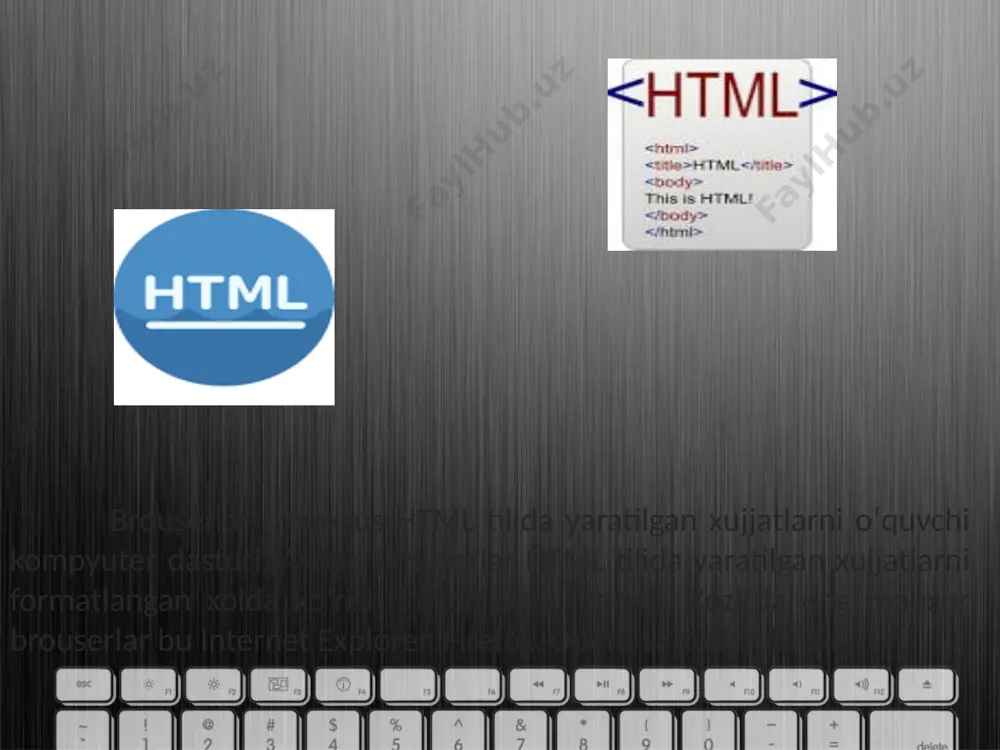 butlarga (inglizcha. attribute) ega bo’lishi mumkin. ruxsat etilgan parametrlar yig’indisi har-bir teg uchun individualdir. parametrlar quyidagi qoida asosida yoziladi: teg nomidan so’ng probellar bilan ajratilgan parametrlar kelishi mumkin; parametrlar ixtiyoriy tartibda keladi; parametrlar o’zining nomidan keyin keluvchi «=» belgisi orqali beriluvchi qiymatlarga ega bo’lishi mumkin. odatda parametrlar qiymati « » - «qo’shtirnoq» ichida beriladi. html hujjatlari – bu matnli fayllar bo’lib, ularga belgilash teglari deb nomlangan maxsus kodlar kiritilgan. bu teglar web-brauzerlarga matn va grafiklarni qanday qilib sharhlash va aks ettirish lozimligini ko’rsatib turadi. html fayl – bu oddiy matnli fayl. shuning uchun uni istagan matn redaktorida, masalan ms word yoki oddiy «bloknot»da yaratish mumkin. html sahifa nima? - bu oddiy text fayl bo'lib, .html qisqartmasiga ega. web-sahifa ko’rinishi va aks ettirilayotgan axborotning qanaqaligidan qat'iy nazar, html va www spetsifikatsiyasiga asosan har bir web-sahifada ishtirok etishi zarur bo’lgan quyidagi to’rtta teglar mavjud: 1. brauzerga hujjat html tilida yozilganligi to’g’risida xabar …
