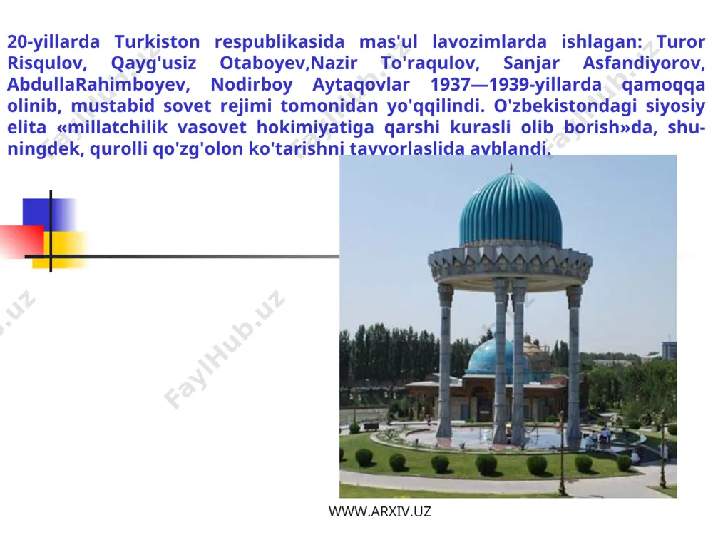o'ldirishga hukm qilindi. umuman olganda,1937—1953-yillarda o'zbekiston icliki ishlar xalq ko-missarligi — nkvd troykasi (uchligi) tomonidan 100mingdan ortiq kishi qatag'on qilindi, ulardan 13 mingnafari otib taslilandi. 1936—1940-yillarda faqat davlat vajamoat arboblari, yozuvchilar, shoirlar va olimlardan 5758 kishi qamoqqa olinib, ulardan 4811 kishi otib o'ldi-rishga hukm qilingan edi. bu ma'lumotlar qizil terrorqanchalik keng miqyosda shafqatsiz ravishda amalgaoshirilganligining yaqqol isboti hisoblanadi. www.arxiv.uz www.arxiv.uz qizil terrorni amalga oshirishda moskvadan jo'natil-gan o'zbekiston icliki ishlar xalq komissari d.z.ap-resyan, uning o'rinbosari l.i.leonov-nemirovskiy,tojikiston icliki ishlar xalq komissari n.a. zagvozdin,chekistlar trig'ulov, akjigitov masli'um rol o'ynadi.sovet rejimi o'zining bu gumaslitalarini ham o'sha yillariotib tasliladi. shunday qilib, 30-yillarning oxirida o'zbekistondamustabid sovet rejimi o'z hukmronligining cho'qqisigako'tarildi. kommunistlar demokratiya va shaxs daxlsizli-gi prinsiplarini oyoqosti qilib, har qanday o'zgacha fikryuritishni zo'ravonlik bilan yanchishga erishdi. totalitarrejim nafaqat o'ziga qarshi chiqqan minglab millat fi-doyilarini, balki gunohsiz o'n minglab odamlarni hamterror (qatli om) qildi. sovet rejimi o'zining repressiv(qatag'onlik) siyosatini keyingi yillarda ham uzluksizdavom ettirib, o'zbek xalqi boshiga …