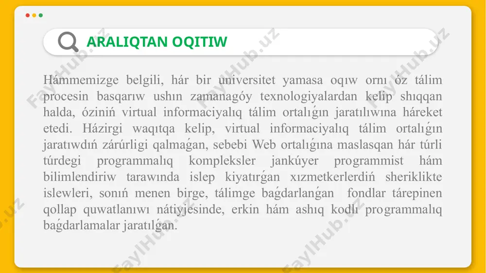 maliy mashg`ulotlar uchun uslubiy qo`llanma, toshkent 2008 yil, taqi. 5. s. simonovich, g. evseev, a. alekseev “obshaya informatika” moskva: astpress, 2003 god. 6. i. g. lesnichnaya, i.v. missing, yu. d. romanov, v. i. shestakov “informatika i informatsionnie texnologii” 2-e izdaniya. moskva: eksmo, 2007 god image1.png image2.png image3.png image4.png image5.png /docprops/thumbnail.jpeg