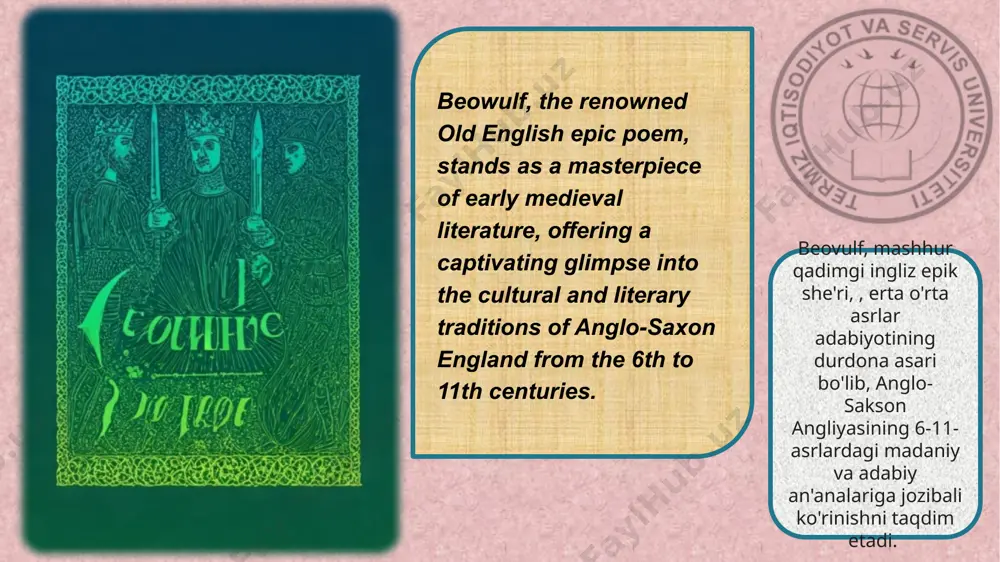 rative arc of the epic. symbolic significance beowulf's triumphs and ultimate demise symbolize the universal human struggle against the forces of evil, the inevitability of mortality, and the legacy of heroic deeds. beovulf: qahramon va uning ishlari beovulfning qahramonligi bosh qahramon beovulf jasorat, kuch va sadoqat g'oyalarini o'zida mujassam etgan, uning dahshatli grendel va ajdahoga qarshi afsonaviy jasoratlarida yaqqol namoyon bo'lgan, hayotidan kattaroq qahramon. epik sayohatlar beovulfning oʻz vatani geatlenddan daniya qiroli xrotgar saroyiga sayohati, keyinchalik uning dono va keksa qirol sifatida qaytishi dostonning hikoya yoyini tashkil qiladi. ramziy ahamiyatga ega beovulfning g'alabalari va yakuniy halokati yovuzlik kuchlariga qarshi umuminsoniy kurash, o'limning muqarrarligi va qahramonlik merosi ramzidir. narrative structure and themes in beowulf narrative structure beowulf employs a non-linear narrative structure, with flashbacks and digressions that provide historical context and depth to the central heroic tale. thematic richness the epic explores themes of heroism, fate, monsters, loyalty, and the transience …