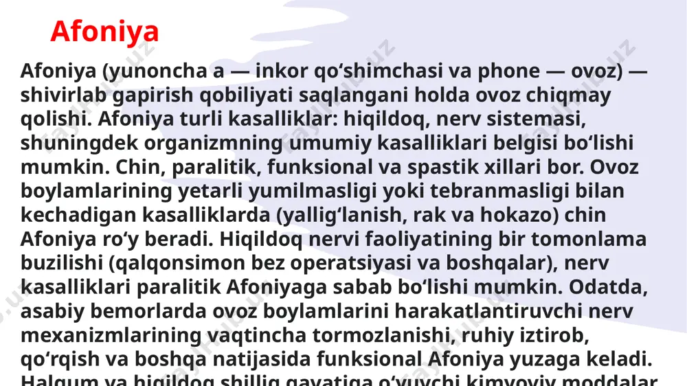 ayonlari inter-va intraverbal sekinlashuv kuylash tovushlarning artikulyatsiyasining buzilishi ovoz buzilishi bradilaliyaning og'zaki bo'lmagan belgilari umumiy vosita ko'nikmalarining buzilishi, qo'llarning nozik motorli ko'nikmalari, barmoqlar, yuzning mimik mushaklari aqliy faoliyatning xususiyatlari (idrok, e'tibor, xotira, fikrlashning sekinligi va buzilishi) bradilaliya tahilaliya (yunoncha tachis - tez, lalia - nutq) sinonimi: taxifraziya (taxifraziya) prosodiya bilan bir qatorda nutqning boshqa jihatlarining buzilishi bilan tavsiflangan murakkab nutq buzilishlari sindromida kussmaul (1879) - disfraziya yu.a.florenskaya (1934) - nutq buzilishining mustaqil shakli, uning tezligi ustunlik qiladi. taxilaliyaning nutq belgilari: nutqning nazorat qilib bo'lmaydigan tezligi va uning fonida - nutq e'tiborining buzilishi, ikkilanish, takrorlash, yutish, bo'g'inlarni, so'zlarni o'zgartirish, gaplarni buzish va boshqalar. interverbal tezlashtirish (m. zeeman) ichki nutq, o'qish va yozishning buzilishi tachilaliyaning og'zaki bo'lmagan belgilari : umumiy motor buzilishlari aqliy jarayonlarning buzilishi avtonom asab tizimining buzilishi xatti-harakatlarning buzilishi tahilaliya duduqlanish — tutilib gapirish; nutq maromining buzilishi, harf va boʻgʻinlarni tutilib-tutilib yoki bir necha marta qaytarib talaffuz qilish. koʻproq bolalarda …