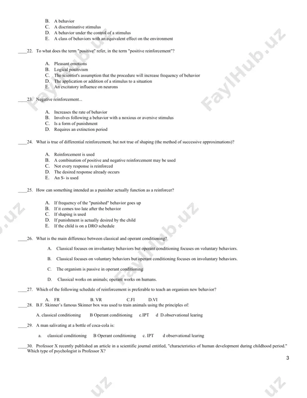 this is best explained by one of the following theory: a. observational learning c. classical conditioning theory b. social comparison theory d. social exchange theory e . instrumental conditioning theory ____17. as a whole, pavlovian conditioning is about: a. modification of behavior by reinforcement b. an anticipatory biological response c. any influence upon learned behavior by reflexes d. learning from the effects of behavior e. establishing a connection between behavior and its consequences ____18. a tone which predicts a puff of air elicits an eye blink. what is the puff of air? a. the neutral stimulus b. the ucr c. the cs d. the cr e. the ucs ____19. you had a car crash; now all cars scare you. ------------ is occurring. a. extinction b. discrimination c. secondary reinforcement d. generalization e. punishment ____20. procedural memory, unlike declarative memory.... a. records facts b. preserves images c. includes sounds and smells …