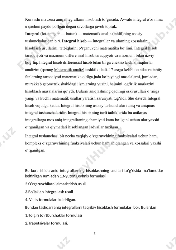 olda aniq integralning 1°- xossasiga ko'ra f(x ) funktsiya istalgan [a, x] [a ,b ] (a x b ) oraliqda ham integrallanuvchi bo’ladi. ravshanki, integral x ga bog'liq. uni f(x) deb belgilaymiz. endi f(x) funktsiyaga kura f(x) funktsiyaning xossalarini uzluksizligi, differentsiallanuvchi bo'lishini o'rganamiz. teorema. agar f(x) funktsiya [a, b] oraliqda integrallanuvchi bo'lsa, f(x) funksiya shu oraliqda uzluksiz bo`ladi isbot. f(x) funktsiya integrallanuvchi bo'lgani uchun sup |f(x)| = m 0 orttirma beraylikki, x + x [a, b] bulsin. u xolda f(x) funktsiyaning orttirmasi uchun quyidagiga ega bo'lamiz: (1.2) aniq integralning 7°-xossasidan foydalanib topamiz: demak bundan esa (1.5) limit kelib chiqadi. x 0 olinganda ham shunday > 0 son topiladiki, |x — | xk+1]] bo'lakda formula (3.2) qo'llaniladi. u xolda bo`ladi, bunda natijada quyidagiga ega bo'lamiz: shunday qilib, integralni taqribiy xisoblash uchun quyidagi formulaga kelamiz. bu (3.3) formula to’g’ri to’rtburchaklar formulasi deb ataladi. [a,b] oraliqda ikkinchi tartibli uzluksiz hosilaga ega bo’lgan f(x) …