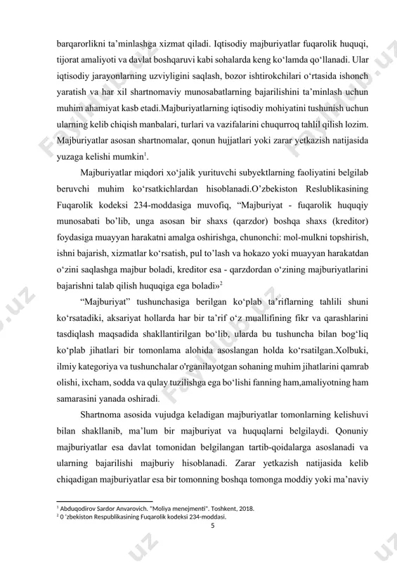 baholashda majburiyatlar katta ahamiyatga ega bo‘lib, ularning to‘g‘ri yuritilishi tashkilotning moliyaviy barqarorligini ta’minlaydi. majburiyatlarning iqtisodiy mohiyati quyidagi tamoyillarga asoslanadi: moliyaviy oqimlarning boshqaruvi – majburiyatlar tashkilotning joriy va kelajakdagi to‘lov qobiliyatini aniqlashda muhim rol o‘ynaydi. korxona o‘z majburiyatlarini qanday va qachon bajara olishini oldindan rejalashtirishi zarur.xavflarni boshqarish – majburiyatlarning to‘g‘ri yuritilishi moliyaviy tavakkalchiliklarni kamaytirishga xizmat qiladi. ayniqsa, uzoq muddatli majburiyatlar moliyaviy strategiyaning bir qismi sifatida qaraladi.hisobotlarning shaffofligi – buxgalteriya hisobida majburiyatlarning aniq yuritilishi moliyaviy hisobotlarning ishonchliligini oshiradi va investorlar, kreditorlar hamda boshqa manfaatdor tomonlar uchun shaffof ma’lumot taqdim etadi.soliq siyosati va yuridik talablar – majburiyatlar buxgalteriya hisobining milliy va xalqaro standartlariga muvofiq yuritilishi kerak. ularning noto‘g‘ri hisobga olinishi soliq yuklamalarini noto‘g‘ri hisoblashga va qonunchilik buzilishiga olib kelishi mumkin.korporativ boshqaruvni qo‘llab-quvvatlash – tashkilotning umumiy boshqaruv strategiyasida majburiyatlarning maqbul miqdorda saqlanishi muhim ahamiyat kasb etadi. bu esa korxonaning moliyaviy barqarorligini oshirishga xizmat qiladi[footnoteref:3]. [3: berdiev ulug‘bek murodullayevich. "korxona iqtisodiyoti". toshkent, 2020.] majburiyatlar o‘z …