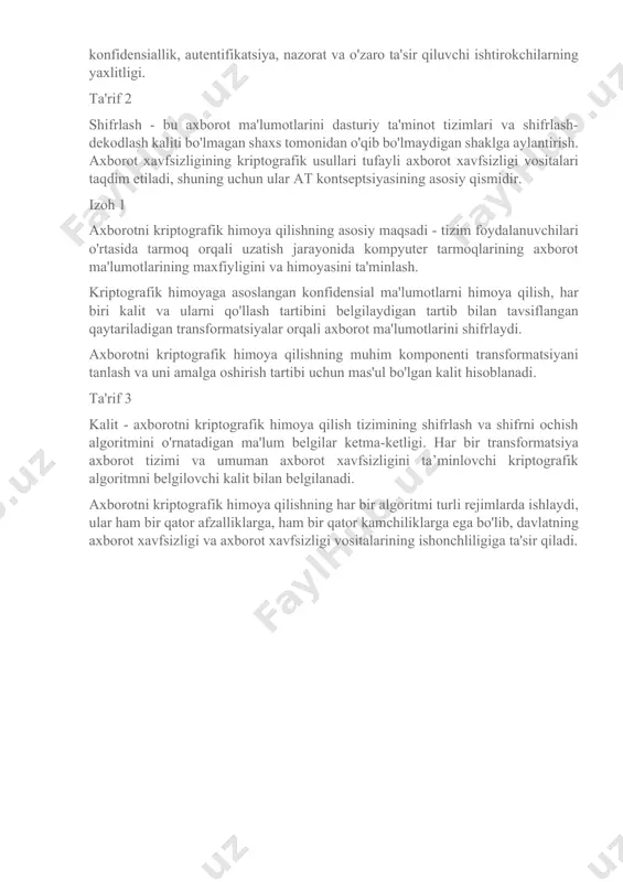 jud soʻzlardan koʻp foydalanadi, buni esa lugʻat yordamidagi hurujlardan osonlik bilan buzish mumkin. odatda lugʻat yordamidagi hurujlar 105-106operatsiya yordamida amalga oshiriladi, shu sababli parollardan kalit yasash uzoq vaqt davom etishi kerak, bu vaqt hisoblash mashinalari uchun uzoq sanaladi, foydalanuvchilar uchun esa bilinmaydigan vaqtdir. agar lugʻatdagi soʻzlar soni n ta, kalitnisaqlash vaqti t boʻlsa, u holdakalitdan parol yaratish uchun ketadigan vaqt t0quyidagi formula orqali hisoblanadi[22]: t0= 2t/n agar kalitni saqlash muddati oʻrtacha t = 7kun = 6,1 *105 sekund, lugʻat kattaligi n = 106ta boʻlsa paroldan kalit yaratish vaqti t0 = 1,2 sekunddan kam boʻlmasligi zarur. agar xavfsizlikning yuqoribosqichi talab etilsa bunday hollarda parol tasodifiy ketma-ketliklardan tashkil topishi zarur. bunday ketma-ketliklarni kriptoprovayderda cryptgenrandom()funksiyasi yordamida yoki boshqa tasodifiy sonlar datchigidan olish mumkin[23]. parollar yordamida kalit yaratishning bir qancha shartlari mavjud: - parol ixtiyoriy uzunlikda berilishi mumkin, kalit esa fiksirlangan uzunlikda boʻladi; - bir-biriga oʻxshash va yaqin parollardan, bir-biriga oʻxshamagan va uzoq kalitlar …