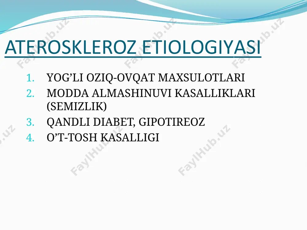 tenziya. d. tamaki chekishlik. e. qand kasalligi. f. keksa yosh. klinik ko’rinishi. stenokardiyaning asosiy klinik belgisi og’riq to’sh suyagining orqasida, chap qo’lga, ko’krak sohasiga, yelkaga, kuraklar o’rtasiga, pastki jag’ga, bo’yinga tarqaladi, og’ir mehnat qilganda, asabiy zo’riqishda, sovuq havoda yurganda, ovqatlangan-dan so’ng paydo bo’ladi. stenokardiya xuruji vaqtida presistolik ot dupuri ritmi va i ton susayishi stenokardiya xuruji vaqtida (a) va 30 daqiqa keyin (b) olingan ekg, qiyosiy tashxisi. miokard infarkti sifilitik mezaortit yurak nuqsonlari miokardit diafragmaning qizilo’ngach teshigi churrasi perikardit gipotalamik sindrom davosi a. kun tartibiga rioya qilish b. dorilar bilan davolash nitratlar va nitratga o’xshash moddalar b-adrenoretseptorlar blokatorlari kalsiy antagonistlari antikoagulyant, antiagregantlar antioksidant davo profilaktikasi. a. birlamchi profilaktika: (1) ateroskleroz, gipertoniya kasalligi, semirishni oldini olish; (2) tabak chekishni va spirtli ichimliklar ichishni chek-lash; (3) osh tuzi va xolesteringa boy bo’lgan mahsulotlar (yog’, tuxum, yog’li go’sht) iste'molini chegaralash. (4) maxsus badantarbiya mashqlarini muntazam ravishda bajarish ikkilamchi profilaktika: 1) aterosklerozga qarshi gipolipidemik …