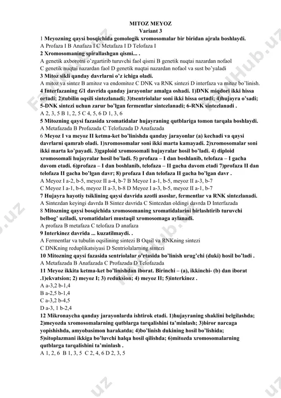 ar kuzatiladi. 1)yadro qobig’i erib ketadi; 2)xromosomalar qutblarda to’planadi; 3)bo’linish dukini hosil bo’lishi tugallanadi; 4)yadro qobig’i hosil bo’ladi; 5)mikronaychalar qisqarib, xromatidlarni qutblarga tortadi; 6)yadrocha qaytadan shakllanadi; 7)tsitotomiya kuzatiladi . a 1, 2, 3, 4 b 2, 4, 6, 7 c 1, 3, 5, 7 d 2, 3, 5, 6 12 hujayra hayotiy siklidagi o’sish davriga xos xususiyatni belgilang. . a hujayra ma’lum tuzilish va funksional xususiyatlarga ega bo’ladi. b hujayra bo’linib ko’paygach, ma’lum o’lchamlarga qadar hajmi ortadi, o’sa boshlaydi. c bunda hujayraning bo’linishi sodir bo’ladi. d hujayra ixtisosligiga mos holda u yoki bu funksiyani bajaradi. 13 meyoz ii ning qaysi bosqichi mitozning qaysi bosqichidan farq qilmaydi. a anafaza ii mitozning anafazasidan b telofaza ii mitozning telofazasidan c metafaza ii mitozning metafazasidan d profaza ii mitozning profazasidan 14 euxromatin(a) va geteroxromatin(b)ga tegishli bo’lgan javobni belgilang. 1)spirallashmagan; 2) spirallashgan; 3)ingichka; 4)genetik jihatdan nofaol qism 5- mikroskopda ko’rinmaydigan; 6-zichlashgan; 7-genetik jihatdan faol qism; …