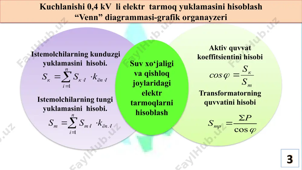 moy transformatorning asosiy qismlarini izolyatsiyalaydi va birdaniga sovitish uchun ham xizmat qiladi. 10 11 kuchlanishi 10/0,4 kvli transformator umumiy kurinishi kuchlanishi 10/0,4 kvli transformatorni ulanishi. kuchlanishi 10 kv li havo liniya (hl) yuklamasini hisoblash a) 1 - hl 10 sk = (130 + 170,4) *0,9 = 270,4 kva kyo = 0.9 (ilovadagi 3 – jadvaldan) st = (108 +159,2 ) *0,9 = 240,4 kva b) 2 - hl 10 sk = (98 + 36,75)* 0,9 = 121,2 kva st = (59,5 + 52,5) *0,9 = 100,8 kva v) 3 - hl 10 sk = st = 480 kva 12 3,4 – jadval. kuchlanishi 10 kv elektr iste’molchilar uchun yoppasiga ishlash koeffitsienti qiymatlari tp soni 2 3 4-6 7-15 16-25 26 va ortiq kyo 0,9 0,85 0,8 0,75 0,7 0,65 sk/st (rk/rt) cos kunduzgi tungi 0,25-0,35 0,92 0,95 0,36-0,6 0,88 0,93 0,61-0,85 0,83 0,91 0,86-1,15 0,78 0,87 1,16-1,4 0,76 0,82 1,4 …