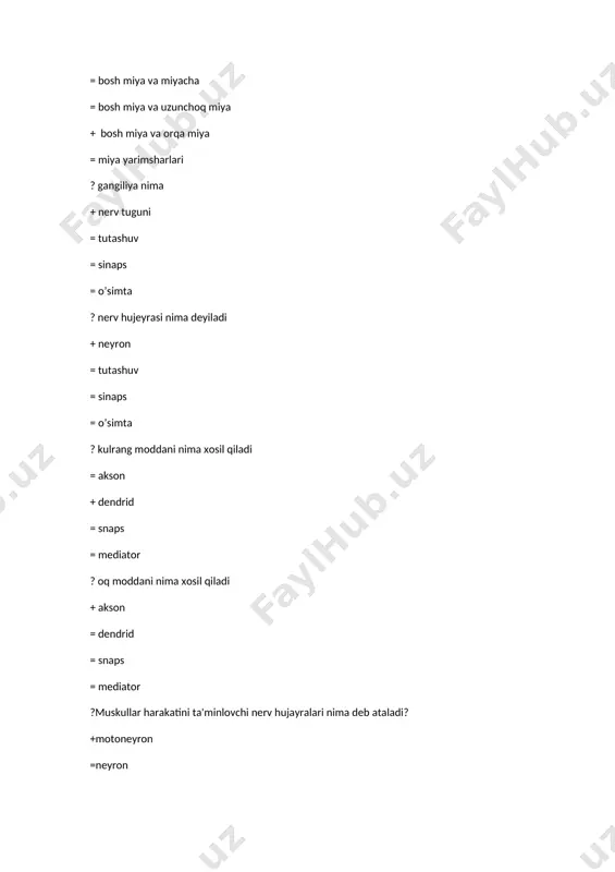 tuvchi ? embrion rivojlanishining birinchi bosqichi nima deyiladi + maydaalnish =o’sish =ko’payish =bo’linish ? maydalanish davridagi hujayralar nima dep ataladi +blastula =blastomerlar =tuxum hujayra =spermatazoit ? maydalanish bosqichidan kiyingi bosqich nima dep ataladi +gastrulatseya =organageniz =ko’payish =urug’lanish ? odamlarda gastrulyatsiya nechchi bosqichda sodir bo'ladi. =1 =2 +3 =4 ? qaysi bosqichda 2ta jinsiy qatlam xosil buladi =1 =2 =3 =4 5 1 2 3 4 ? quyidagi rasimda qaysi raqam ostida ektoderma qavati aks etgana +1 =2 =3 =4 ? asab tizimi qaysi qavatdan rivojlandi +ektodermadan =mezodermadan =endodermadan =a va b javoblar tug’ri ? oshqozon qaysi qavatdan rivojlandi =ektoderma =mezoderma =barcha qavatlar +endoderma ? jinsiy tizim qaysi qavatdan xosil buladi +mezodermadan =endodermadan =ektodermadan =barchasidan ? ona qornida rivojlanish davri nima diyiladi +embryonal davr =post embryonal =ovulatsiya =gastrulatsiya ?urug’langan tuxum xujayra nima deyiladi +zigota =spermatazoit =tuxum xujayra =blastula ?yangi tug’ulgan davr necha kunni uz ichiga oladi =12 =13 =10 =16 ? …