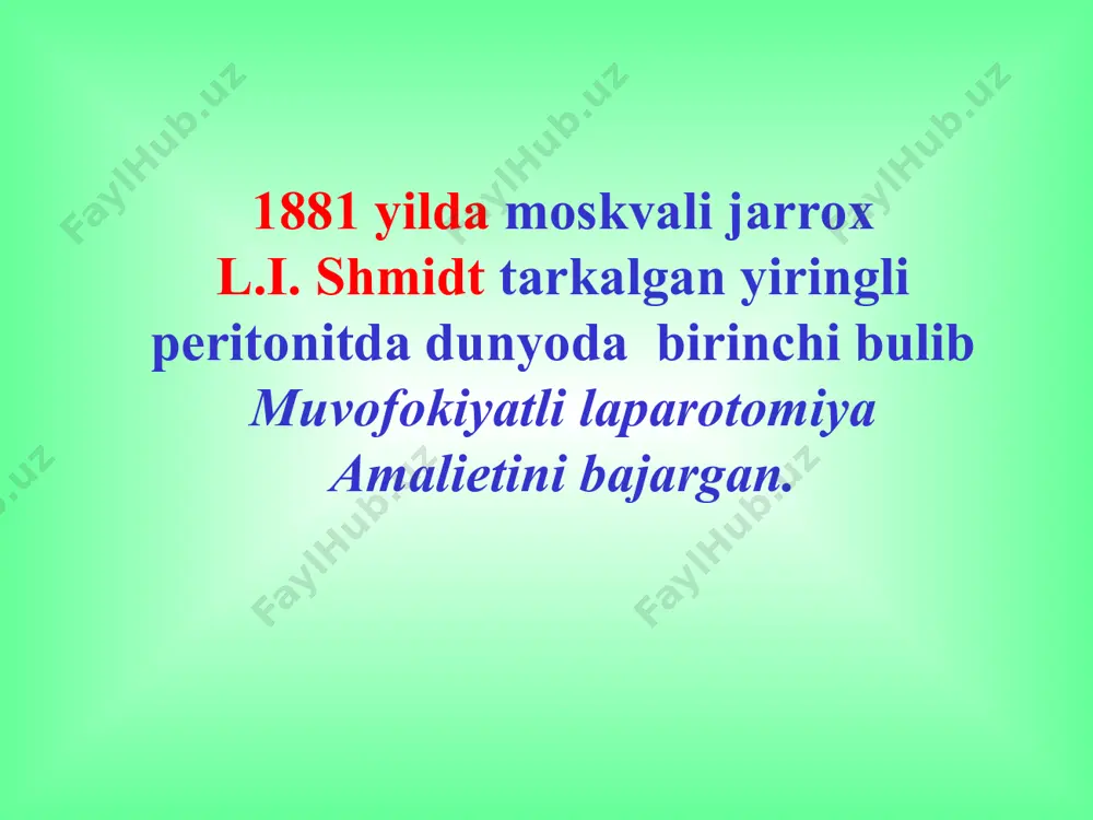 shi bog'liq jarayon lokalizatsiyasi peritonit etiologiyasi o'tkir peritonit belgilari: mahalliy umumiy o'tkir peritonit doimiy simptomlari o'tkir peritonit doimiy bo'lmagan simptomlari qorinda og'riq, palpatsiyada og'riqli bo'lishi shetkin-blyumberg simptomi musbat qorin old devori tarangligi quruq va oq karashli til ko'ngil aynishi, qayt qilish, chanqash «gippokrat yuzi» ichaklar parezi, najas va gaz tutilishi tez va yuzaki nafas tana haroratini ko'tarilishi, haroratni pulsdan ortda qolishi «qaychi simptomi» to'g'ri ichak orqa gumbazini og'riqligi (per rectum) qonda leykotsitoz, leykotsitar formulani chapga siljishi, echt ni ko'tarilishi siydikdagi o'zgarishlar: proteinuriya, tsilindruriya peritonitning doimiy belgilari peritonitning kardinal simptomlari korindagi ogrik shetkin-blyumberg simptomi mushaklar taranglashishi kayt kilish paralitik ichak tutilishi shetkin-blyumberg simptomi keskin musbat taxikardiya nafas olishni tezlashishi akb oshishi reaktiv boskichda uchraydigan belgilar korin mushaklarini tarangligi tana xaroratini kutarilishi umumiy maxalliy korindagi keskin ogriklar ichak peristaltikasini susayishi toksik boskich mushak tarangligini kamayishi shetkin-blyumberg simptomi kam rivojlangan maxalliy ogrik sindromini susayishi ichak peristaltikasi eshitilmaydi taxikardiya 120 dan yukori teri koplami …