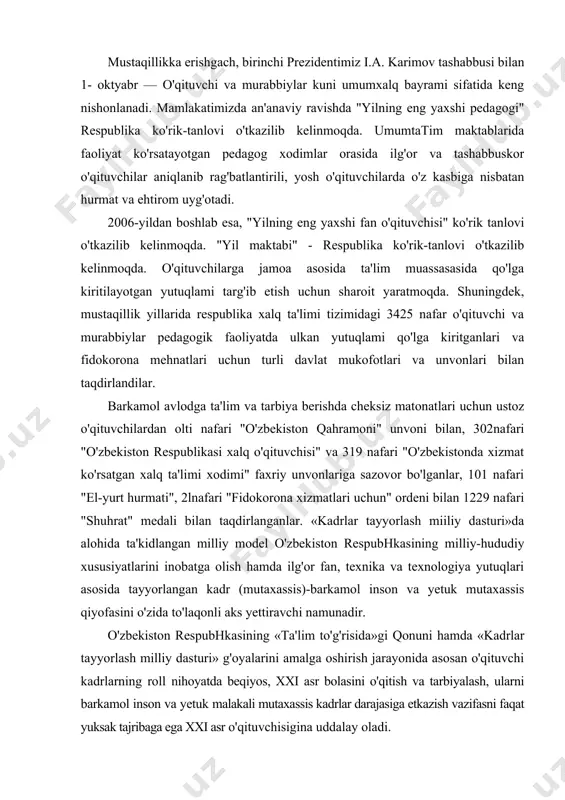 ya yutuqlari asosida tayyorlangan kadr (mutaxassis)-barkamol inson va yetuk mutaxassis qiyofasini o'zida to'laqonli aks yettiravchi namunadir. o'zbekiston respubhkasining «ta'lim to'g'risida»gi qonuni hamda «kadrlar tayyorlash milliy dasturi» g'oyalarini amalga oshirish jarayonida asosan o'qituvchi kadrlarning roll nihoyatda beqiyos, xxi asr bolasini o'qitish va tarbiyalash, ularni barkamol inson va yetuk malakali mutaxassis kadrlar darajasiga etkazish vazifasni faqat yuksak tajribaga ega xxi asr o'qituvchisigina uddalay oladi. pedagogik kompetentlik. innovation muhim sharoitida pedagogik faoliyatni tashkil etishga qo'yiladigan talablar. kompetentlik-chuqur bilimga egalik, chuqur bilimga asoslanganlik, asoslilik, xabardorlik omilkorlik. kompetensiya - lotincha so'z bo'lib, tegishli, layoqatli degan ma'noni bildiradi. muloqot - o'zaro munosabatlar, o'zaro ta'sirlarni ta'minlashga, ma'lumotlarni almashtirisbiii o'z icliiga olgan va munosabatlarni, ularning aloqalarini amalga oshiradigan, ma'lum yo'nalishga asosan olib boriladi-gan faoliyat hisoblanib, kishilarning birgalikdagi faoliyatining bir turidir. pedagogik muloqot - o'quv-tarbiya jarayoni davomida o'qituvchi (pedagog)ning o'quvchilar bilan kasbiy muloqoti xisoblanadi. qobiliyat - shaxsning individual - psixolognk o'ziga xosligining psixologik tarkibiy tuzilishiga kiritilgan, qaysidir bir faoliyatni …
