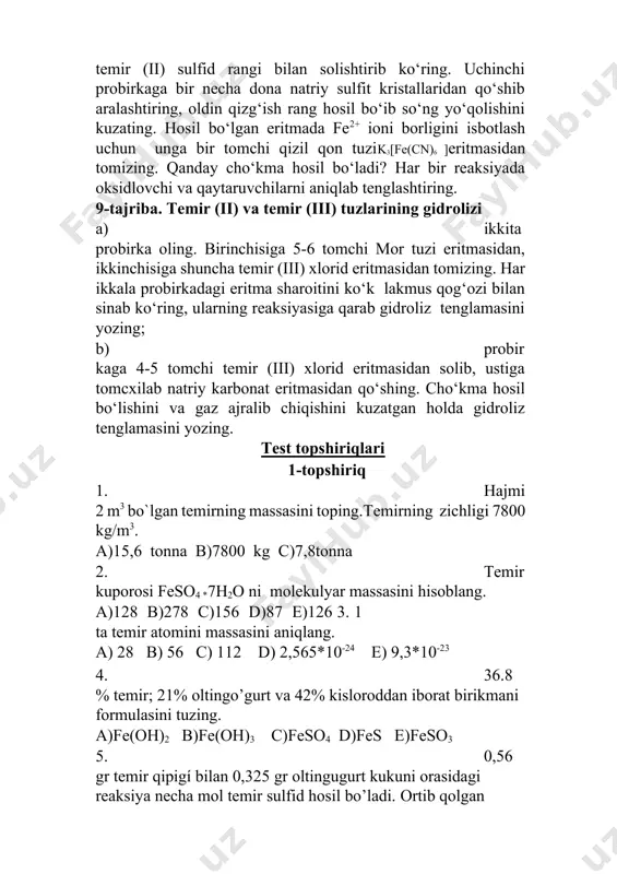 t eritilgan eritmaga 5,6 gr temir kukuni qo’shildi. shunday moddalar va qanday massada hosi bo’ladi. hamda qaysi moddadan qancha (gr) ortib qoladi. a) 6.4 gr cu va 15.2 gr fe so4 b) 413.4 gr cu va 25.14 feso4*12cuso4 d) 11.4 gr cu va 27.14 feso4 e) 6.4 gr cu va 15.2 24 cuso4 7. tarkibida 15.2 gr temir (ii) sulfat bo’lgan eritmaga 2.4 gr magniy qipig’i solindi bunda qancha temir ajralib chiqqan a) 9.34 b) 2.8 c) 4.67 d) 2.67 e) 5.6 8. normal sharoitda 50.4 l uglerod (ii) oksid bilan temir (iii) oksidni qaytarib necha gr temir olish mumkin a) 112 b) 12.6 c) 28 d) 84 e) 42 9. tarkibida 8 gr mis (ii) sulfat bo’lgan eritmaga 2,8 gr temir qipig’i solindi. bunda qancha gr mis ajralib chiqadi a) 3.2 b) 5.5 c) 5 d) 6 e) 6.4 10. 1.13 gr temir va 0.64 gr oltingugurt kukuni orasidagi …