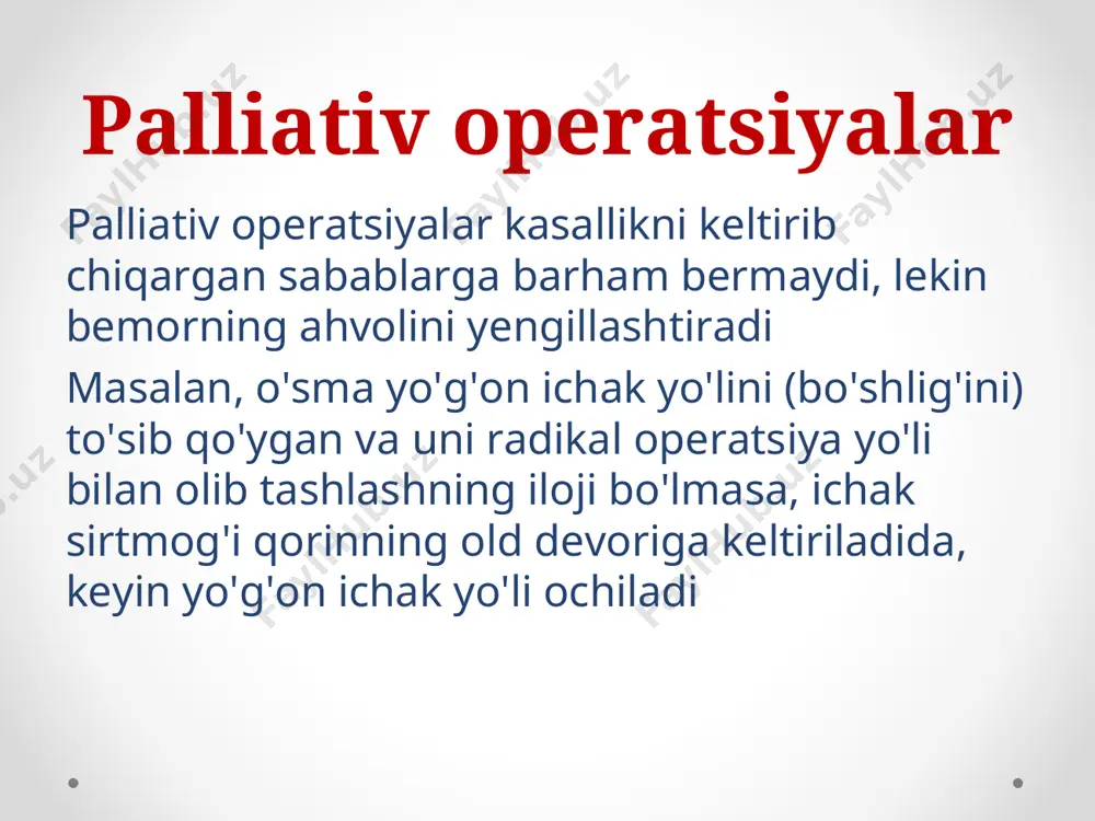 irurgik operatsiya faqat maxsus jihozlangan operatsiya zalida yoki bog'lov xonasida o'lkaziladi. xirurgik operatsiyani operatsiya qiluvchi xirurg, assistent xirurglar, operatsiya hamshirasi, sanitarkalar va narkoz ishlatiladigan hollarda vrach-anesteziolog hamda anestezist hamshiralar amalga oshiradilar. terini tikish bosqichlari operatsiyadan keyingi davr 1) dastlabki faza - operatsiyadan keyingi dasllabki 3-5 kunni o'z ichiga oladi; 2) kechki faza - operatsiyadan keyingi 2-3 haftadan iborat, ko'pincha u bemor kasalxonadan chiqib ketguncha davom etadi; 3) olis faza - ish qobiliyati tiklanguncha (yoki boshqa natija aniqlanguncha) davom etadi. e’tiboringiz uchun raxmat
