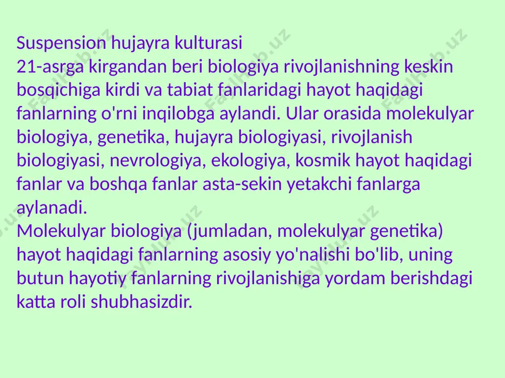 ini davom ettirdi professor xarris. professor ushbu tadqiqotning maqsadi odamlarga uzoqroq muddat sog'lom yashashga ko'maklashish ekanligini aytdi: - bu shunchaki umrni uzaytirish emas, balki salomatlik va hayot sifati bilan bog'liq. o'tgan yilda ekseter universiteti xodimlari laboratoriyada qari hujayralarni qayta yoshartirishning yangi uslubini kòrsatib berishgan edi. yangi tadqiqot davomida esa qari hujayralarning mitoxondriyalarini aniq mo'ljalga olib, ularni qayta yoshartirish ko'rib chiqilgan. xususan, tajriba davomida maxsus kimyoviy birikmalar yordamida inson hujayralari vaqt o'tishi bilan qanday va nima sababdan o'zgarishida muhim rol o'ynaydigan ikki protein (srsf2 va hnrnpd) mo'ljalga olingan. tarjriba davoimda eksteter universitetda ishlab chiqilgan uch xil birikma sinab ko'rilgan va ularning har biri qon tomirlaridagi qari hujayralar sonini 40-50 foizga ozaytirgani kuzatilgan. inson hujayra kulturalari suspension hujayra kulturasi invitro madaniyati tòqima yurak karkaslari endotelial hujayralar qari hujayralar hujayra madaniyati asos hujayralar 1.hujayra kulturalari qaysi organizmlardan ajratib olinadi ? a.mikroblar. b. hasharotlar c. sutemizuvchilar. d.a,b,c javoblar to'g'ri 2.hujayra hayot faoliyatining................ birligi a.strukturaviy. …