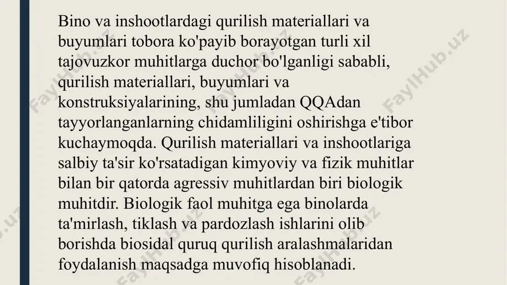 malari, shpaklevkalar, gruntovkalar, quyma pollar va boshqalar ishlab chiqarilmoqda. respublikamizda ishlab chiqariladigan quruq qurilish aralashmalaridan namunalar. quruq qurilish aralashmalarining an'anaviy kompozitsiyalar va texnologiyalarga nisbatan sosiy afzalliklari quyidagilardan iborat: - quruq aralashmalar ilmiy asoslangan kompozitsiyalarning keng assortimentini beradi (har bir turdagi qurilish ishlari uchun); - tarkibiy qismlarning vazni dozalash aralashmalarning zavod ishlab chiqarilishi ularning kompozitsiyalarining barqarorligini ta'minlaydi; - yetkazib berish soddalashtirildi, butun mavsumda foydalanish imkoniyati va uzoq saqlash muddati ta'minlandi, konteynerlarni utilizatsiya qilish soddalashtirildi; - yonmaydigan, kimyoviy xavflilikning past toifasini ta'minlaydi; - quruvchilarning mehnat unumdorligini 2-5 baravar oshiradi, ayniqsa aralashmalarni qo'llash uchun maxsus jihozlardan foydalanganda; - har qanday masofaga tashish va noldan past haroratlarda saqlash imkoniyati. sement: "qizilqumsement" аjdа ishlаb сhiqаrilgаn ‹‹цем ii/а-и 42,5 н›› mаrkаli роrtlаnd sement. kvars qumi: 1,4 zarracha o'lchamli na2so4 - natriy sulfat. agbion-1 – kumush nanozarrachalar (kolloid kumush, nanokumush), preparat yuqori mikroblarga qarshi faollikka ega. tashqi tomondan, konsentrat shaffof jigarrang suyuqlik bo'lib, uning faol komponenti sirt …
