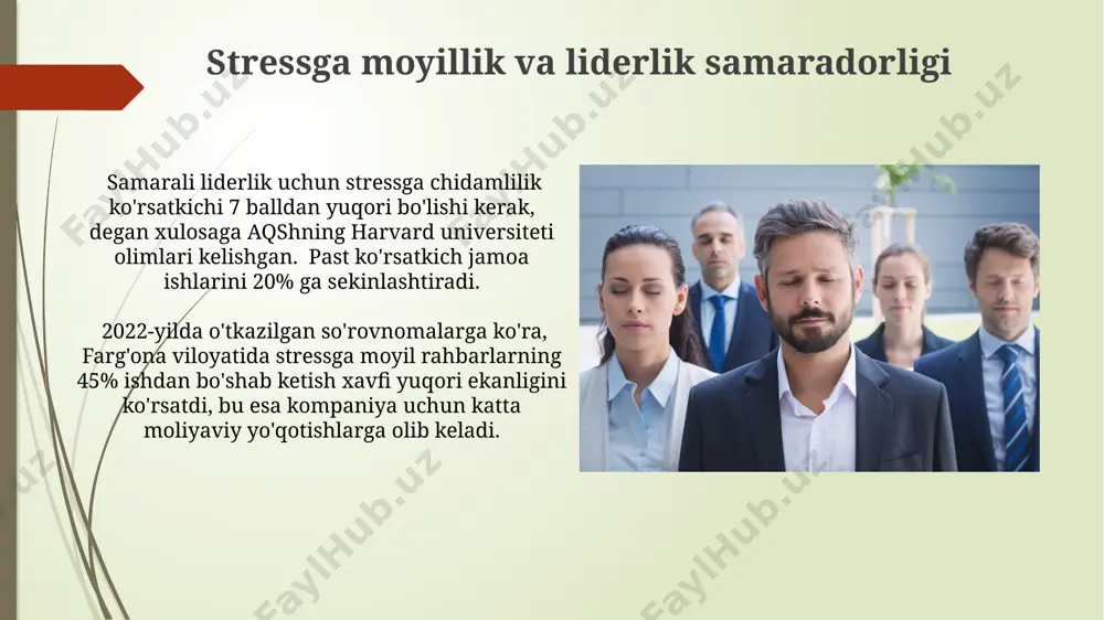 ularning samaradorligiga ijobiy ta'sir ko'rsatadi. ijtimoiy psixologiya sohasidagi 2022 yilgi ma'lumotlarga ko'ra, samarqanddagi rahbarlarning neurotizm darajasi toshkentdagilarga nisbatan 15% past bo'lib, bu stressga chidamlilik bilan bog'liq. jamoa ichidagi stress va liderning roli samarqanddagi bir tadqiqotga ko'ra, stressga chidamli liderlar jamoada 15% ga yuqori samaradorlikni ta'minlab, ishdan bo'shatish holatlarini 10% ga kamaytirishlari mumkin. 5 yillik tajribaga ega liderlarning 85%i farg'ona viloyatidagi kompaniyalarda stress menejmenti bo'yicha maxsus treninglar o'tgan va bu ularning jamoaviy stressni kamaytirishdagi samaradorligini oshirgan. stress boshqaruvining ahamiyati rahbarning stressga qarshi turish qobiliyati jamoa ichidagi salomatlik va samaradorlik darajasiga bevosita ta'sir qiladi, 50% gacha xodimlarning stress darajasi rahbarning stress boshqarish uslubiga bog'liq bo'lishi mumni. bu fakt tokio kabi yirik shaharlarda amalda tasdiqlangan. stressni samarali boshqarish rahbarning 20% gacha ish unumdorligini oshirishi va 30% gacha kasallik ta'tillarini kamaytirishi mumkinligini ko'rsatadigan tadqiqotlar mavjud. bunday natijalar, masalan, aqshning yirik korporatsiyalarida kuzatilgan. qaror qabul qilish va stress qashqadaryo hududida ishlaydigan rahbarlarning 40% i qarorlarni …