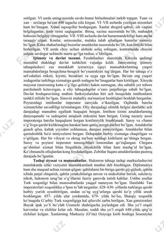 boshlanib, vey hukmronligi davrida xanlarning bilim va tajribalaridan keng foydalanganlar. davlat idoralarida xan amaldorlari yetakchilik qila boshlaganlar. tobilar xitoy etiketi, kiyimi, urf-odatlarini qabul qilib, shomonlikdan voz kechganlar va buddaviylikni qabul qilganlar. vi asrda shimoliy vey davlatida ellik mingga yaqin ibodatxona bo’lgan. keyinroq, imperiya g’arbiy va sharqiy davlatlarga bo’lingan. vi asr o’rtalariga kelib hokimiyat xanlar qo’liga o’tgan. suy va tan ilk feodal imperiyalarining tashkil topishi. vi asrning ikkinchi yarmida shimol va janub munosabatlari yumshagan. ko’chmanchilar xanlar orasiga singib ketgan. jangovar tobilar vujudga kelgan kuchini yo’qotgan. buning ustiga markaziy osiyoda vujudga kelgan ko’chmanchilarning turk xoqonligi hujumi xavfi paydo bo’lgan. bunday sharoitda shimol butun mamlakatni birlashtirish tarafdori bo’lgan. shimoldagi davlatlardan biri chjou birlashuv markaziga aylangan. 581- yilda shimol lashkarboshisi yan szyan suy sulolasining imperatori deb e'lon qilingan (581–618). siyosiy va iqtisodiy vaziyat ulkan mamlakatni harbiy yo’l bilan birlashtirishni taqozo qilgan. yangi sulolaning tashkil topishi xitoy tarixi oqimini keskin burib yuborgan. to’rt asrlik qarama-qarshilik …