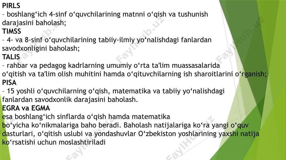 sini baholash va monitoring qilishning “milliy dasturi”ni yaratish hozirgi kun talabiga mos keladi. yana shuni aytish joizki, ushbu dastur zamon bilan hamnafas qadam tashlaydi hamda o‘zining baholash mezonlarini zamonaviy talablarga muvofiq ravishda takomillashtirib boradi. boshlang‘ich sinf ona tili darslarida o‘quvchilar mantiqiy tafakkurini rivojlantirishda xalqaro tadqiqotlar, jumladan, pirls xalqaro baholash dasturining o‘rni muhim ahamiyatga ega bo‘lib, pirls baholash tizimiga asoslangan darslar o‘quvchilarda darsga bo‘lgan qiziqishlarini orttirish bilan birga, fikrlash doiralarining kengayishiga olib keladi. ushbu dasturni amalda to‘g‘ri va aniq qo‘llay olish texnikasining yaratilishi o‘quvchilarning kichik maktab yoshidan boshlab ijodiy tafakkurlarining rivojlanishiga keng yo‘l ochadi. quyida keltiriladigan pirls dasturiga doir topshiriqlar 4-sinf “o‘qish” darsligida keltirilgan “donishmand ustoz” rivoyati asosida tuzilgan bo‘lib, bu topshiriqlar 4-sinf o‘quvchilarining o‘qish va tushunish ko‘nikmalarining rivojlanishiga yordam beradi. image1.jpeg image2.jpeg image3.jpeg image4.jpeg image5.jpeg image6.jpeg