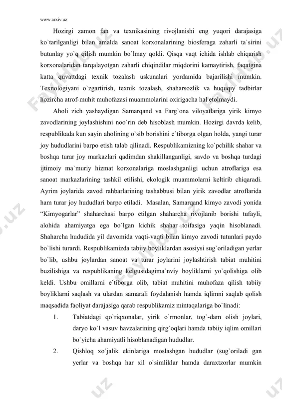 olib keldi. ushbu omillarni e`tiborga olib, tabiat muhitini muhofaza qilish tabiiy boyliklarni saqlash va ulardan samarali foydalanish hamda iqlimni saqlab qolish maqsadida faoliyat darajasiga qarab respublikamiz mintaqalariga bo`linadi: 1. tabiatdagi qo`riqxonalar, yirik o`rmonlar, tog`-dam olish joylari, daryo ko`l vasuv havzalarining qirg`oqlari hamda tabiiy iqlim omillari bo`yicha ahamiyatli hisoblanadigan hududlar. 2. qishloq xo`jalik ekinlariga moslashgan hududlar (sug`oriladi gan yerlar va boshqa har xil o`simliklar hamda daraxtzorlar mumkin bo`lgan joylar). 3. turar joy va o`zidan zararsiz chiqindilar chiqaradigan sanoat markazlari joylashgan hududlar bunday hududlarda shaharsozlik va tibbiy geyinik talablar asosida ular orasida himoya mintaqasi joylashadi. bunday zararsiz korxonalar turkumini atmosferaga zaharli tutun chiqarmaydigan suv havzalari va zaminga o`zining chiqindisini o`tkazmaydigan o`zidan katta shovqin chiqarmaydigan korxona tashkil qiladi. ekologik nuqtai nazaridan dam olish va davolanish uchun taqsimlanayotgan hududiy mintaqalar respublika viloyat va tumanlarda bosh reja loyihasida ko`rsatiladi. unda ishlab chiqarish kuchlarining turar joy hududlarining o`rni ommaviy dam olish sayohatchilar va ular davolanish uchun …