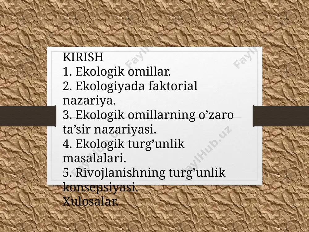rida bayon qilingan gipotezalar asosida populyatsiya sonlari dinamikasining nazariy grafikaviy modelini quyidagicha tasavvur qilish mumkin. 7 ekologiyada turg’unlik masalalari. turg’unlik tushunchasi ustida gap ketganda, albatta u yoki bu ko`rinishdagi fizik, kimyoviy yoki biologik ob`ektni ma`lum muddat vaqtida o`zining bir butunlik holatini o`zgartirmasdan saqlab qolish xususiyatini tushunamiz. ekologik turg’unlik tushunchasi ustida gap yuritganda, oddiy ob`ekt turg’unlik tushunchasidan farqli o`laroq, biologik ob`ektlarning o`zaro ta`sirlarini uzoq muddatli vaqtda saqlab qolish xususiyatini tushunamiz. ko`rinishidan oddiy ob`ekt turg’unlik tushunchasi ekologik turg’unlik tushunchasidan farqqiladiganga o`xshaydi, ammo chuqurroq fikr yuritganimizda shu narsa ayon bo`ladiki, har ikkala tushuncha ham qandaydir komponentlarning o`zaro ta`sir qonunlarini ma`lum bir vaqt intervallaridagi o`zgarmasligi tushuniladi. demak, turg’unlik ma`lum bir qonuniyatning vaqt davomida o`zgarmasligi ekan. turg’unlik deganda-tashqi ta`sirga nisbatan o`zining muvozanatini o`zgartirmasligi (ma`lum bir oraliq nazarda tutiladi) tushuniladi. bu masalaga doir juda ko`p har xil aytilgan fikrlarni tahlilqilib turli biologik sistemalarga nisbatan qo`yiladigan talablar guruhini ajratish mumkin. bunday talablarni «turg’unlik» so`zi bilan umumlashtirish mumkin. …