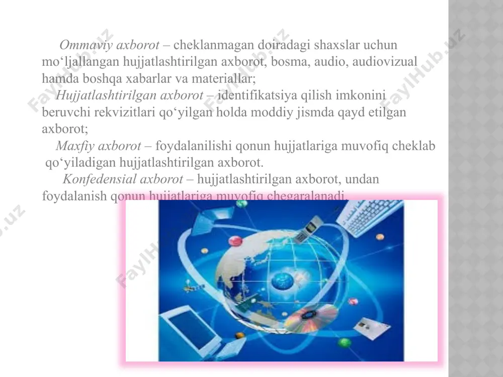 ida, axborotni kanal orqali uzatish jarayonida o‘zgalar tomonidan tutib olinishi xavfi mavjud bo‘lganda, uni kodlash usuli yordamida ochiq matnni shartli axborotga aylantirish usulidir. shifrlash – axborotni muhofaza qilish usuli bo‘lib, ko‘pincha axborotlarni radioqurilmalar vositasida uzatishda, raqib tomonidan tutib olish xavfi bo‘lganda qo‘llaniladi. axborotni shifrlash, uni o‘zgalar tomonidan tutib olinganda ham kalitsiz ma’nosini tushunib bo‘lmaydigan holatga o‘tkazishni anglatadi. virus deganda avtonom ravishda ishlash, boshqa dastur tarkibiga o’z-o’zidan qo’shilish, kompyuter tarmoqlari va alohida kompyuterlarda zararli jarayonlarni vujudga keltirish maqsadida tuzilgan dastur tushuniladi. ushbu dasturlar o’z-o’zidan nusxa olish xususiyatiga ega. viruslar bilan zararlangan dasturlar virus tashuvchi yoki zararlangan dasturlar deyiladi. dasturli viruslar - kompyuter tizimlarining xavfsizligiga tahdid solishning eng samarali vositalaridan biridir. shuning uchun ham dasturli viruslarning imkoniyatlarini tahlil qilish masalasi hamda bu viruslarga qarshi kurashish hozirgi paytning dolzarb masalalaridan biri bo’lib qoldi. hozirgi vaqtda viruslarni yo’qotish uchun ko’pgina usullar ishlab chiqilgan va bu usullar bilan ishlaydigan dasturlar antivirus dasturlar deb ataladi. antiviruslarni …