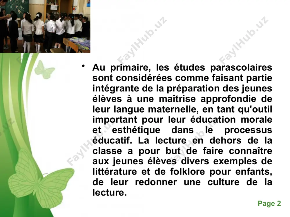 eux semaines. dans ces classes, l'enseignant continue de collecter des livres adaptés à l'âge dans la bibliothèque de la classe. free powerpoint templates page ‹#› étudier en dehors de la salle de classe sert à inculquer aux enfants l'amour du bien, la haine du mal, la communication, la parole et la pensée littéraire-esthétique. tout d'abord, la littérature pour enfants donne de la joie aux enfants avec son contenu intéressant, la beauté des images artistiques, l'expressivité du langage, la musicalité des mots poétiques. en même temps, cela a également un effet éducatif sur les enfants. la littérature pour enfants raconte au lecteur la nature du pays, le travail des gens, la vie, leurs actions et leur héroïsme, des histoires de la vie des enfants, des jeux d'enfants, des histoires, raconte l'histoire de rêves et désirs. à cet égard, les contes de fées sont d'une grande importance. free powerpoint templates page ‹#› …