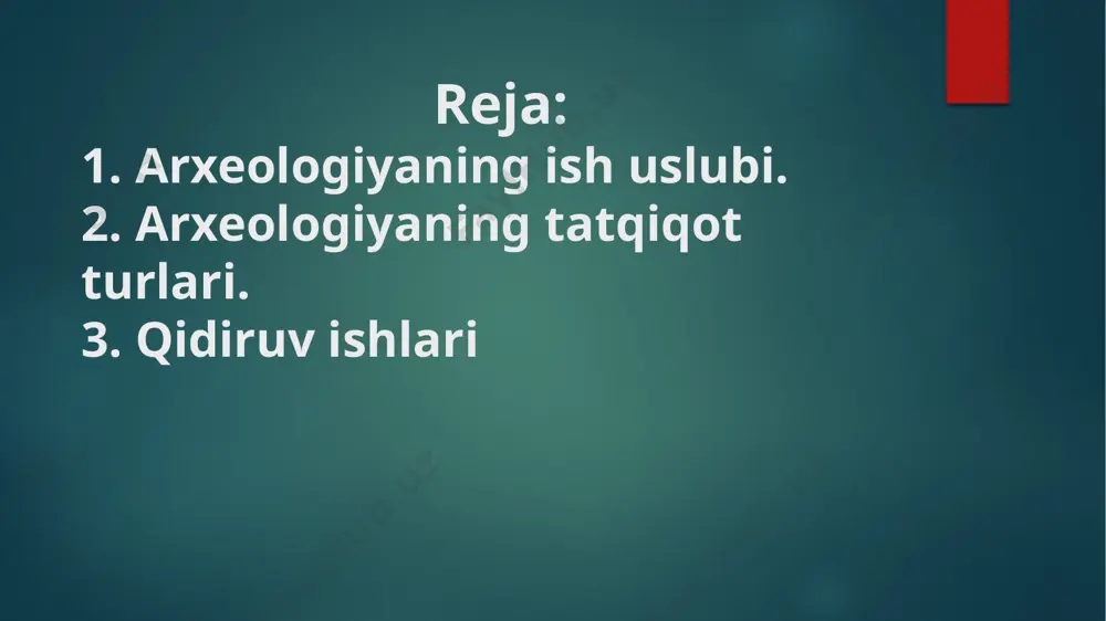 ik izlanishlar maqsadi va natijalarini oʻzbek xalqi tarixi bilan bogʻlash tom maʼnoda mustaqillik yillaridan boshlandi. foydalanilgan adabiyotlar roʻyxati: 1.https://uz.m.wikipedia.org/wiki/arxeologiyaning_ish_uslubi e’tiboringiz uchun raxmat image6.jpeg image7.jpeg image8.jpeg image9.jpeg image10.jpeg image11.jpeg image12.jpeg image13.jpeg image1.png image2.png image3.png image4.png /docprops/thumbnail.jpeg
