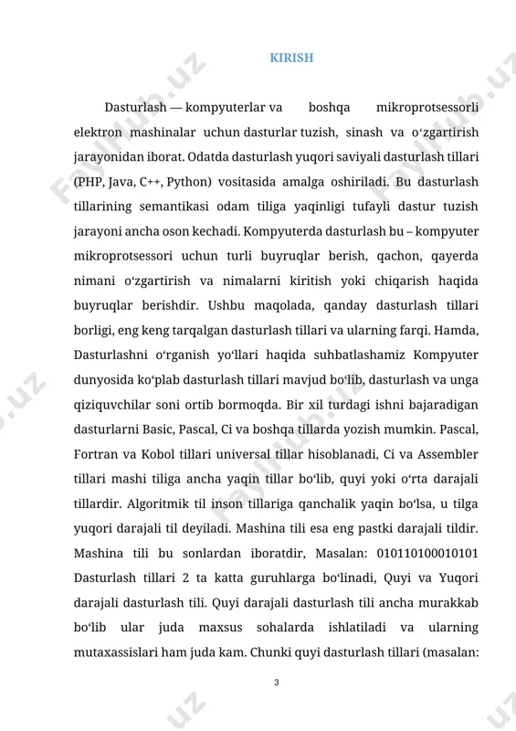 y tillargacha ishlatish mumkin. lekin, hozirgi web texnologiya orqali ishlaydigan tillarda(php, asp.net, jsp) bunday dasturlar tuzilmaydi. chunki bunday dasturlarning ishlashi uchun yana bir amaliy dastur ishlab turishi kerak. hozirda, amaliy dasturlar, asosan, visual c++, c#, borland delphi, borland c++, java, phyhon kabi tillarda tuziladi. o‘zbekistonda ko‘pchilik delphi dan foydalanadi. buning asosiy sababi: soddaligi, komponentlarning ko‘pligi, interfeysining tushunarliligi va h.k. delphida birinchi ishlagan odam ham qanaqadir dastur tuzishi oson kechadi. lekin, windows da dasturning asosiy ishlash mohiyatini ancha keyin biladi(komponentlarning ko‘pligi va api funksiyalari dasturda ko‘rsatilmasligi uchun). yana bir tarafi, delphi(pascal) operativ xotirani tejashga kelganda ancha oqsaydi. unda o‘zgaruvchilarni oldindan e’lon qilib qo‘yish evaziga ishlatilmaydigan o‘zgaruvchilar va massivlar ham joy olib turadi. eng keng tarqalgan dasturlash tili(windows os ida) microsoft visual c++ tilidir. ko‘pchilik dasturlar hozirda shu tilda tuziladi. umuman olganda, c ga o‘xshash(c-подобный) tillar hozirda dasturlashda yetakchi. deyarli hamma zamonaviy tillarning asosida c yotadi. bundan tashqari, turli komputer o‘yinlari tuzishda …