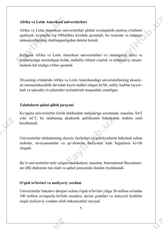 ishning ahamiyati, 3-4 ta asosiy natijasi, kelajakdagi tadqiqotlar uchun istiqbolli yo'nalishlar 15% dan 25% gacha taqdim etiladi. xulosa tadqiqotda qo'yilgan maqsadlarga erishilganligini, gipotezalar tasdiqlangan yoki rad etilganligini qisqa 20-30 ta so'z bilan umumlashtiradi. xulosa jahon universitetlari sifat, tadqiqot va innovatsiyalar orqali global rivojlanishga muhim hissa qo'shadi, jamiyat uchun bilim va malakali kadrlarni yetishtiradi. foydalanilgan adabiyotlar 1. salmi, j. (2009). jahon darajasidagi universitetlarni yaratish. jahon banki. 2. hazkorn, d. (2016). jahon darajasidagi universitetlar va rivojlanayotgan mamlakatlar. edvard elgar nashriyoti. 3. margison, s., van der vende, m. (2007). jahon darajasidagi universitetlar. yunesko. 4. altbax, f.g. (2013) 0 0 0 7