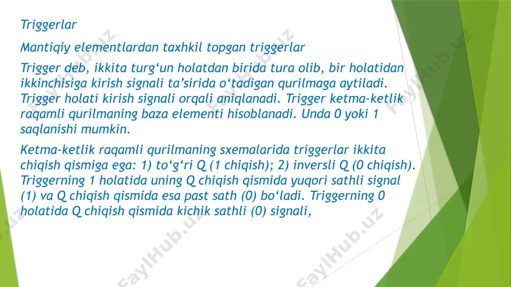 noaniq holatga tushib qoladi.«statik» tushunchasi kirish signallari manbalari triggerning chiqishi bilan to‘g‘ridan – to‘g‘ri kuchlanish bo‘yicha bog‘langan bo‘lishini va ularning qiymatlari darajasi ta’sirida bo‘lishini bildiradi. agar triggerning kirshi signallar manbailari bilan to‘g‘ridan – to‘g‘ri bog‘lanmasdan, balki impuls transformatorlari, rc – zanjirlari va b. vositalar orqali bog‘langan bo‘lsa, u holda u kirish kuchlanishlari o‘zgarishi ta’sirida bo‘ladi va signallarning qiymatlari darajasi ta’sirida bo‘lmaydi. bunday boshqariladigan triggerlar dinamik boshqariladigan triggerlar deb ataladi. agar triggerning ishlashi kirish signalining 0 dan 1 gacha o‘zgarganda amalga oshsa, u holda triggerning kirishi bevositali deb ataladi va uning sxemasi 1v – rasmdagi ko‘rinishga ega bo‘ladi. aks holda, triggerning ishlab ketishi kirish signalining 1 dan 0 gacha o‘zgarganida amalga oshsa, u holda triggerning kirishi inversiyali deb ataladi va uning sxemasi 1g – rasmdagi ko‘rinishdagidek tasvirlanadi hisoblash qurilmalari. bu qurilmalar turli arifmetik amallarni bajarish uchun xizmat qiladi. hisoblash amallari, hisoblash qurilmasining raqamli elementlarida hisoblashning ikkilik tizimi asosida bajariladi.hisoblash qurilmalariga, shuningdek …