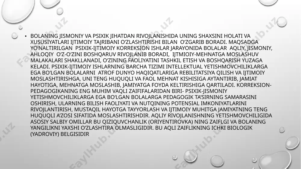 rasida tiklab, uning mazmunini buzmasdan aytib bera olishlari lozim. o'rta va katta guruhlarda tarbiyachi bolalar nutkini rivoj¬lantirish bo'yicha kuyidagi vazifalarni amalga oshirishi kerak: 1. bolalarni tevarak-atrof bilan tanishtirish, nutkini o'stirish, lug'atini boyitish. 2. nutkning grammatik tomonini shakllantirish. 3. nutkning tovush madaniyatini tarbiyalash. 4. so'zlashuv nutkini (dialog) shakllantirish. 5. hikoya kilisliga ( monolog nutk) o'rgatish. 6. badiiy adabiyot bilan tanishtirish. maktabga tayyorlov guruhida kuyidagi vazifalar amalga oshiriladi: 1. bolalarni tevarak-atrof bilan tanishtirish, nutkini o'stirish, lug'atini boyitish. 2. nutkning grammatik tomonini shakllantirish. 3. nutkning tovush madaniyatini tarbiyalash. 4. so‘zlashuv nutkini (dialog) shakllantirish. 5. hikoya kilisliga o'rgatish (monolog nutkni shakllantirish). 6. badiiy adabiyot bilan tanishtirish. 7. bolalarni savod o‘rgatishga tayyorlash. bolalarni tevarak-atrof bilan tanishtirish, nutkini o'stirish, lug'atini boyitish. lug'at ustida ishlash bolalarni tevarak-atrof bilan tanishtirish orkali amalga oshiriladi. bolalarni tevarak-atrofdagi buyumlar, hodisalar, o'simliklar, hayvonot dunyosi, kattalar mehnati va h. k. lar bilan tanishtirish jarayonida ularning nomla- rini, sifatlarini, xususiyatlarini, xarakterlarini so'zlar bilan aytamiz …