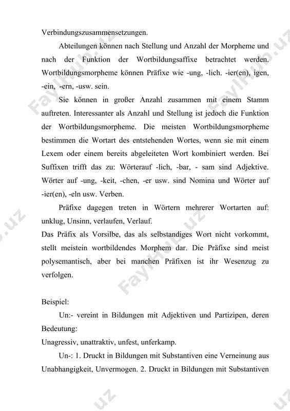 tte unfrieden, unfug. ’’wer nennt mir noch ein beispiel?’’. da steht reiner auf und ruft:’’unterricht !’’ in sprachgeschichtlicher analyse kann man bei den präfixen be-, ent -, ver-, zer-, zeigen daß sie eindeitig zu verben ableiten und daß nomina, in denen sie in vorderster position erscheinen, deverbativa sind. häufig haben die wortbildungsmorpheme außerdem oder ausschließlich eine semantische inhalte in das neugebildete wort ein. die suffixe –chen , -lein . z.b. geben dem im lexem eines wortes angesprochen referenten, d.h. dem aussersprachlichen objekt ( dem ding, der sache, der erscheinung) das semantische merkmal ’’vom kleiner gestalt’’ hinzu (in einer reihe von bildungen meistens deadjektiva, zeigt –chen eine koseform an, -lein eine verniedlichung (verharmlosung), liebchen, dummchen,kindlein, jesulein ). das präfix in- bedeutet (wie oben gezeigt) auf ein negatives gegenteil des im lexem ausgedrückten sachverhaltes hin. usw. man hat demnach bei wortbildungsmorphemen zwischen grammatischer und semantischer funktion zu unterscheiden. daraus ergeben sich folgende …