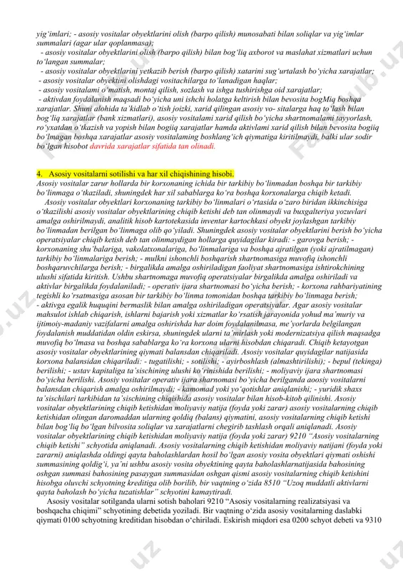 beradigan generator-mashinalar, dvigatel mashinalar (qozonxonalar, bug‘ dvigatellari, turbinalar, kuch transformatorlari va boshqalar) hisobda aks ettiriladi. ish mashinalari va uskunalari ishlov beriladigan mehnat buyumlari va vositalariga mexanik, termik, kimyoviy yoki boshqa yo‘sinda texnologik ta’sir ko‘rsatishga, ularni ishlab chiqarish jarayonida qo‘zg‘atish, qazib olish, eritish, tayyorlashga xizmat qiladigan qurilmalar (dastgohlar, sex uskunalari, kompressorlar, nasoslar, elektr va gaz payvandlagichlar, apparatlar, agregatlar)dir. o‘lchov va rostlash asboblari foydalaniladigan texnik ishlardagi turli parametr (ko‘rsatkich)larni o‘lchash, ishlab chiqarish jarayonlarini boshqarish, xomashyo, materiallar va tayyor mahsulotlar sifatini tekshirish, namlik darajasi, shovqin ta’siri va boshqalarni o‘lchashda ishlatiladi. ularga manometrlar, tarozilar, mikroskoplar, dispetcherlik nazorati va boshqalar kiradi. mebel va ofis jihozlari - idora (ofis) ishlarini va xo‘jalikni yuritishda zarur bo‘lgan idoradagi divan, krovat va boshqalardir. kompyuter uskunalari va hisoblash texnikasi ma’lumotlarni elektron hisoblash mashinalarida qayta ishlash, saqlash, uzatish, o‘zgartirishga mo‘ljallangan vositalar bo‘lib, ular kompyuterlar, printerlar, nusxa ko‘chirish vositalari, yozuv mashinalari va boshqa kompyuter vositalari hisoblanadi; transport vositalari - kishilarni hamda yuklarni …