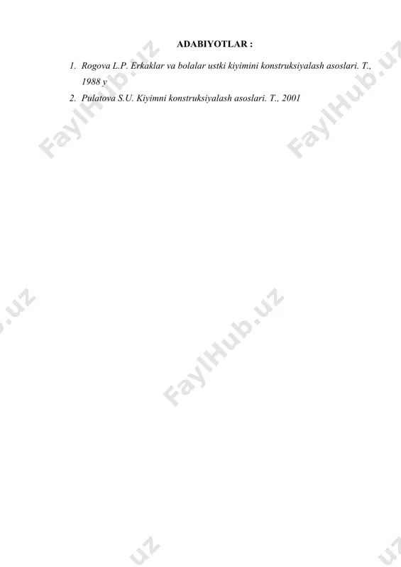 rchak hosil bo`ladi, u yengning shaklsiga ta`sir etadi. oyoqlar skeleti tos kamari va oyoqlarning erkin suyaklari jumlasiga yonbosh ,son) suyagi, katta va kichik boldir suyaklari hamda tovon suyaklari kiradi. oyoqlarning shaklsi yonbosh yoki bilak boldir yokining bir-biriga nisbatan qanday joylashganligiga qarab, normal, 3,2-rasm,a), x-simon, 2-rasm, b) o-simon, ya`ni xomutsimon, 2-rasm,v) va sirkulsimon, 2-rasm, g) bo`lishi mumkin. rasm 2. oyoqlar tuzilishi tananing bo`yin asosidan to yelka bo`g`imlarigacha bo`lgan qismi yelka deb ataladi. yelka normal, 3-rasm, a), keng, 3-rasm, b) va tor, 3-rasm, v) shuningdek, qiyalik darajasiga, 3-2 rasm) qarab, normal, 4-rasm, a) baland, 4-rasm, b) hamda past, 4-rasm, v) bo`lishi mumkin. rasm tananing bo`yin rasm 4. tananing yelka qismi balandligi balandligi turlari qorinning ham asosiy uchta shaklsi mavjud: tekis, ichga tortilgan va dumaloq-duppayib chiqib turgan qorin. qorinning shaklsi jinsga, yoshga va oriq-semizlikka bog`liq bo`ladi. orqa odatdagicha yoki umurtqa bo`limlari salgina bo`rtib chiqqan, to`lqinsimon), bukchaygan va to`g`ri bo`lishi mumkin. buyining shaklsi xilma-xil: …