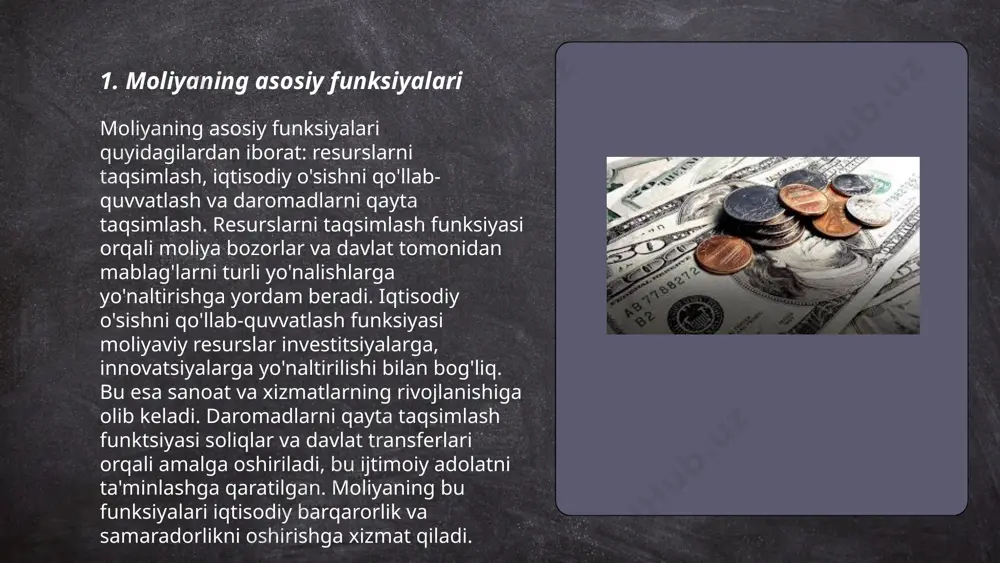 viy muvozanatni ta'minlash orqali iqtisodiyotni tartibga soladilar. masalan, o'zbekiston respublikasida markaziy bank monetar siyosat vositalarini qo'llab, inflyatsiya darajasini maqsadli ko'rsatkichlar darajasida ushlab turishga intiladi. bu, o'z navbatida, bozordagi talab va taklifni tartibga solib, iqtisodiy o'sishni qo'llab-quvvatlaydi. tartibga soluvchi funksiyaning samaradorligi ko'pincha iqtisodiy islohotlar va qonunchilik bilan mustahkamlanadi. ... t.me/slaydai_bot moliyaning iqtisodiy o'sishga ta'siri turli omillar orqali kuzatiladi. raqamlar bo'yicha, markaziy osiyo mintaqasida 2020-yilda bank sektorining umumiy aktivlari yaimning taxminan 20-35% ni tashkil etdi. rivojlangan davlatlarda esa bu ko'rsatkich 100% dan yuqori. investitsiyalar va kreditlar iqtisodiyotning turli sohalarida ish o‘rinlari yaratishda va ishlab chiqarishni oshirishda muhim rol o‘ynaydi. jahon bankining tadqiqotlariga ko'ra, xususiy sektor kreditlari yaimning 10% ga oshirilsa, iqtisodiy o'sish sur'ati yillik 0,2% gacha oshishi mumkin. moliyaviy vositalarning kengayishi va ulardan samarali foydalanish iqtisodiyotning barqaror o‘sishiga yordam beradi. ... t.me/slaydai_bot 7. moliyaning ijtimoiy barqarorlikka ta'siri moliyaviy barqarorlik ijtimoiy barqarorlikka katta ta'sir ko'rsatadi. xususan, kuchli moliyaviy infratuzilma ijtimoiy barqarorlikni qo'llab-quvvatlaydi. masalan, …