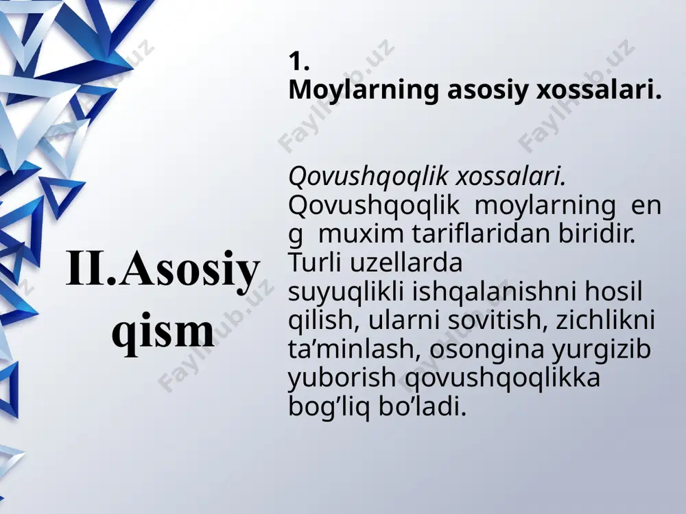 materiallarning asosiy vazifalardan biridir. moylarning bu xossalari uning bir nechta sifat ko’rsatgichlari: moy pardasi, mustahkamligi, qovushqoqligi, qovushqoqlik indeksi, obraziv mexanik aralashmalarning yo’qligi bilan baholanadi. yeyilishni kamaytiruvchi prisadkalar sifatida: fosfor, oltingugurt, xlorli organik birikmalardan foydalaniladi. ular 150 0 s haroratgacha ishqalanish sirtida èlektr kuchlari hisobiga mustahkam parda xosil qiladi. bu parda qism sirtini eyilish, tarnalish, qirilish va yemirilishdan saqlaydi. korrozion eyilish tezligiga kislotalar va suv katta ta’sir ko’rsatadi. moylarning yeyilishga va korrozion yeyilishga qarshi xossalari. sun’iy moylar. sun’iy motor moylari amalda keng qo’llanib kelinmoqda. sun’iy motor moylarining ekspluatatsion xossalari neft moylariga qaraganda yaxshirokdir. sun’iy motor moylari ishlab chiqarish va ularni ekspluatatsiya qilish uchun kun sayin ortib bormoqda.sun’iy motor moylarini ishlab chiqarish hajmi o’sib bormoqda. su’niy moylar jami ishlatiladigan moylarning 1980 yilda 1% ni 1985 yil 8% ni va 1997 yil 40% ni tashkil kilgan. me’yorlanadigan sifat ko’rsatkichlari. motor moylari, dvigatellarning belgilangan quvvat va tejamkorligini, sifat ko’rsatkichlarini yo’qotmasdan, ishonchli va uzoq vaqt …