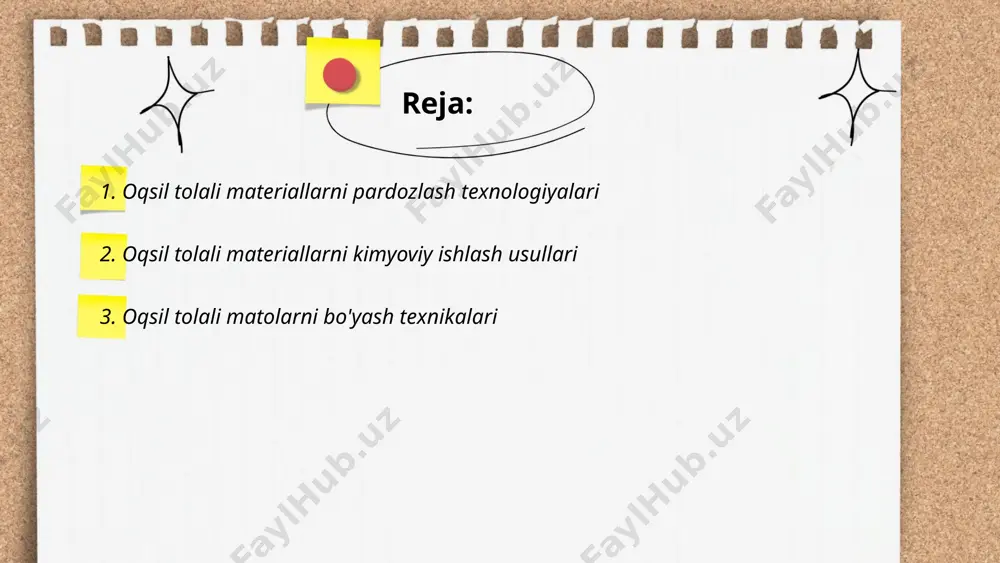 bo'yoqlar ishlatiladi, chunki ular oqsil tolalar bilan yaxshi reaksiyaga kirishadi. asosiy texnikalaridan biri kislota bo'yoqlari yordamida bo'yashdir, bu usulda ph darajasi 4-5 atrofida saqlanadi. bo'yash jarayoni 80-90 °c temperaturada amalga oshiriladi va bu vaqt bir necha soatdan iborat bo'lishi mumkin. reaktiv bo'yoqlar va turli mordantlar yordamida ham bo'yash mumkin. har bir texnika matoning turiga qarab tanlanadi va ularning sifatini saqlashga yordam beradi. ... t.me/slaydai_bot 4. oqsil tolali matolarni yuvish va tozalash oqsil tolali matolar, jumladan ipak va jun, alohida e'tibor talab qiladi. bu matolarni 30-40°c haroratda yuvish tavsiya etiladi, chunki yuqori harorat matoning strukturasiga zarar etkazishi mumkin. yuvish vositasi sifatida neytral yoki maxsus jun va ipak uchun vositalar ishlatiladi. ishqorli yuvish vositalari tavsiya etilmaydi, chunki ular tolalarni zaiflashtirishi mumkin. shuningdek, oqartirish vositalaridan foydalanishdan saqlaning. qo'lda yuvish qulayroq bo'lsa-da, kir yuvish mashinasida yumshoq rejimda yuvish ham tavsiya etiladi. quritishda matolarni quyosh nurlari va to'g'ridan-to'g'ri issiqlikdan himoya qilish muhim. ... t.me/slaydai_bot oqsil …