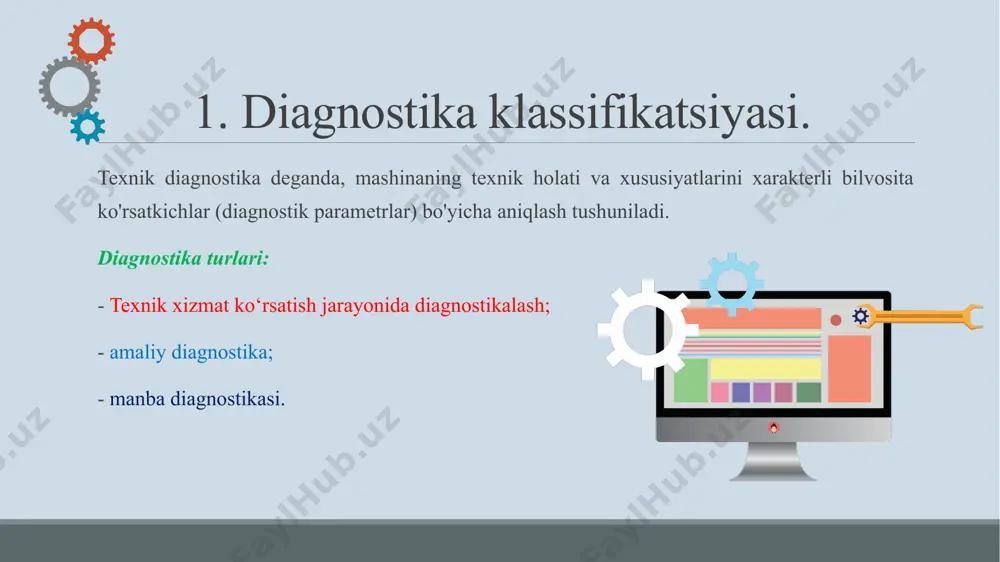 tkichlari. 4. ishlab chiqarishni kompleks avtomatlashtirish sharoitida texnik diagnostika? 5. avtomatlashtirish tizimlarining sifatini baholash uchun testlarning asosiy turlari? 6. diagnostikalash usullari? 7. texnologik jihozlarni diagnostika qilishning asosiy usullari va vositalari? 8. diagnostikalash effektivligi nima? foydalanilgan adabiyotlar 1. kalandarov i.i., mahmudov g‘.b. «avtomatlashtirish sistemalarining ishonchliligi» 156-164 bet o‘quv qo‘llanma image1.gif image2.gif image3.gif image4.gif image5.gif image6.gif image7.png image8.gif image9.gif image10.gif image11.gif image12.gif image13.png image14.png /docprops/thumbnail.jpeg