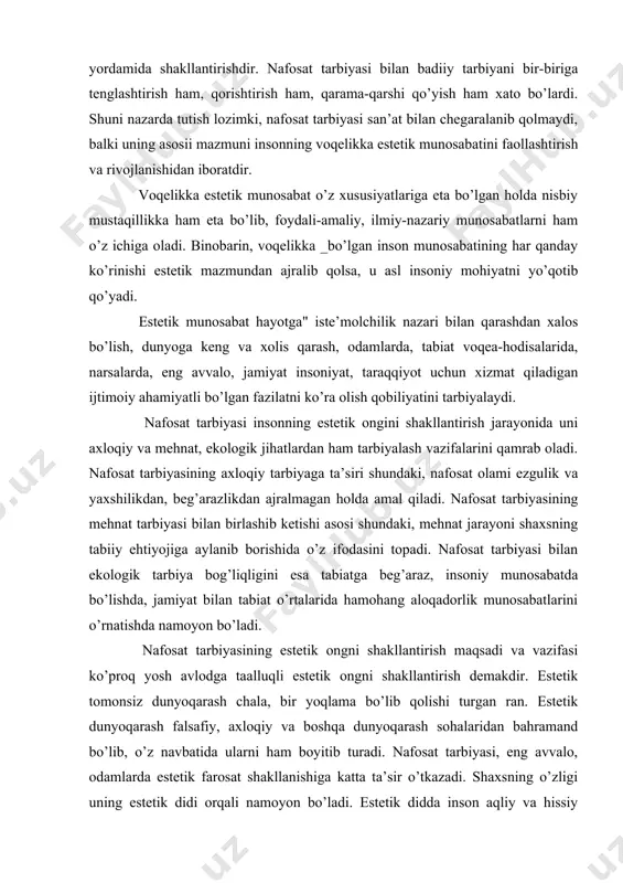 t tarbiyasining asosii mazmunini va maqsad yo’nalishlarini to’la ifodalamaydi. badiiy tarbiyaning asosii maqsadi ijtimoiy munosabatlarni san’at_ vositalari yordamida shakllantirishdir. nafosat tarbiyasi bilan badiiy tarbiyani bir-biriga tenglashtirish ham, qorishtirish ham, qarama-qarshi qo’yish ham xato bo’lardi. shuni nazarda tutish lozimki, nafosat tarbiyasi san’at bilan chegaralanib qolmaydi, balki uning asosii mazmuni insonning voqelikka estetik munosabatini faollashtirish va rivojlanishidan iboratdir. voqelikka estetik munosabat o’z xususiyatlariga eta bo’lgan holda nisbiy mustaqillikka ham eta bo’lib, foydali-amaliy, ilmiy-nazariy munosabatlarni ham o’z ichiga oladi. binobarin, voqelikka _bo’lgan inson munosabatining har qanday ko’rinishi estetik mazmundan ajralib qolsa, u asl insoniy mohiyatni yo’qotib qo’yadi. estetik munosabat hayotga" iste’molchilik nazari bilan qarashdan xalos bo’lish, dunyoga keng va xolis qarash, odamlarda, tabiat voqea-hodisalarida, narsalarda, eng avvalo, jamiyat insoniyat, taraqqiyot uchun xizmat qiladigan ijtimoiy ahamiyatli bo’lgan fazilatni ko’ra olish qobiliyatini tarbiyalaydi. nafosat tarbiyasi insonning estetik ongini shakllantirish jarayonida uni axloqiy va mehnat, ekologik jihatlardan ham tarbiyalash vazifalarini qamrab oladi. nafosat tarbiyasining axloqiy tarbiyaga …