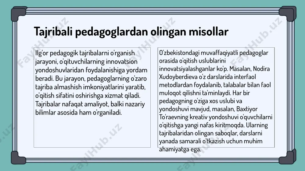 r bir-biridan o'rganish va innovatsion metodlarni qo'llash imkoniyatiga ega bo'ladi. o'qituvchilar o'rtasida o'zaro tajriba almashish, yangi g'oyalar va metodlarni kashf etishga yordam beradi. o'rganish jarayonida intervyu, so'rovnomalar va kuzatishlar kabi metodlardan foydalaniladi. guruh muhokamalari va seminarlar o'qituvchilarning tajribalarini baham ko'rishga yordam beradi, natijada ta'lim jarayonida yangi g'oyalar va yechimlar paydo bo'lishi kutiladi. ushbu metodlar natijasida, o'qituvchilarning o'zaro tajribalarini o'rganish orqali kelajakdagi o'qituvchilarga yordam beruvchi yangi strategiyalar ishlab chiqilishi mumkin. o'qituvchilarning tajribalaridan foydalanishning afzalliklari o'qituvchilarning tajribalarini o'rganishning asosiy afzalliklari: - o'qitish sifatini oshirish: o'qituvchilar o'z tajribalarini o'rganish orqali o'quv uslublarini yaxshilaydi va o'quvchilarning muvaffaqiyatini oshiradi. - innovatsion yondashuvlarni qo'llash: o'qituvchilar yangi pedagogik usullarni qo'llash imkoniyatini topadilar, bu esa ta'lim jarayonini yanada samarali qiladi. samarali foydalanish uchun: - o'qituvchi va talabalar o'rtasida muloqotni kuchaytirish: o'qituvchilar o'zaro tajribalarini baham ko'rish orqali talabalar bilan yaxshiroq aloqa o'rnatishlari mumkin. - tajribalarni baham ko'rish va umumlashtirish: o'qituvchilar o'z tajribalarini baham ko'rishadi, bu esa yangi g'oyalar va …