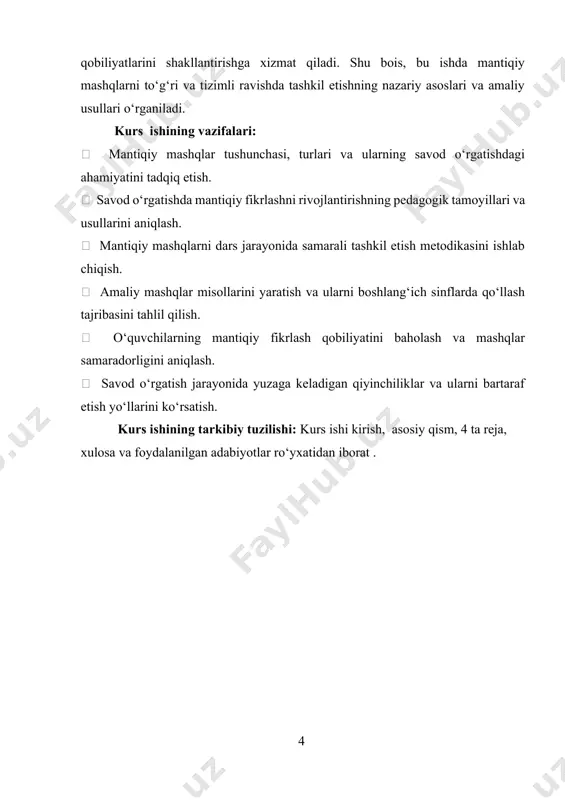 shtirish va umumlashtirish kabi aqliy jarayonlarini rivojlantirish uchun zarur sharoit yaratish kerak. bu vazifalarni bajarishda mantiqiy mashqlar muhim vosita sifatida xizmat qiladi. mantiqiy mashqlar deganda o‘quvchilarning aqliy faolligini oshirish, tafakkur jarayonini faollashtirish va muayyan fikr yuritish qobiliyatini shakllantirishga qaratilgan topshiriq va faoliyat turlari tushuniladi. bunday mashqlar o‘quvchilarda kuzatish, taqqoslash, sintez, tahlil, mantiqiy bog‘lanishlarni topish, sabab va natijani ajrata olish ko‘nikmalarini hosil qiladi. ayniqsa, til va savod o‘rgatish darslarida bu kabi mashqlar o‘quvchilarning so‘z boyligini kengaytirish, fikrni ifodalashda aniqlik va izchillikni ta’minlashga xizmat qiladi. mantiqiy mashqlar turli shakllarda bo‘lishi mumkin: so‘z va gaplar ustida ishlash, belgilarni solishtirish, gaplarni mantiqan to‘g‘ri ketma-ketlikda joylashtirish, berilgan matndan asosiy fikrni ajratib olish, so‘zlar orasidagi mantiqiy bog‘liqlikni aniqlash va h.k. bu mashqlar orqali bolalarda og‘zaki va yozma nutqni rivojlantirish, grammatik normalarni o‘zlashtirish, mustaqil fikrlashga bo‘lgan qiziqish ortadi. boshqa tomondan, mantiqiy mashqlar orqali bolalar atrof-muhitdagi hodisalarni tushunishga, voqealar o‘rtasidagi sabab-oqibat munosabatlarini aniqlashga o‘rganadi. bu esa ularning hayotiy …