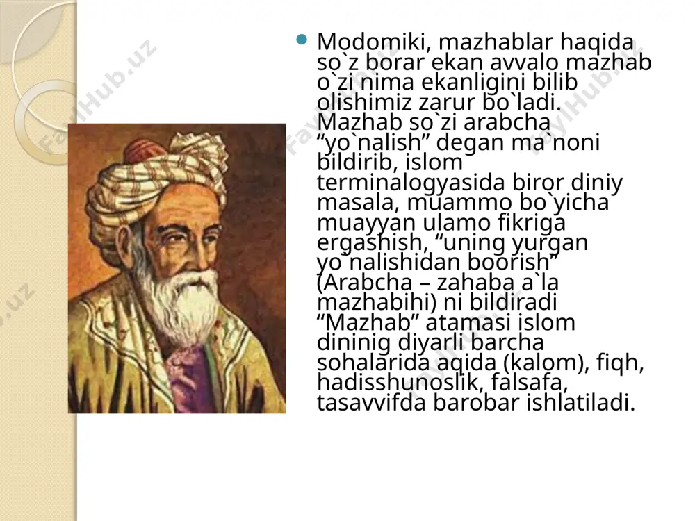 tasavvufning eng yuqori—oliy bosqichidir. unda ezgulik va yomonlikning moxiyatini to’la anglab etish, har qanday ko’ngil istaklarini pinhon tutishning uddasidan chiqish hamda shariat, tariqat, ma’rifat talablarini to’liq bajarish talab qilinadi. tasavvuf, asosan ma’naviy jarayondir. unda inson qalbini boyitadigan omillarga chorlov nihoyatda kuchli. tasavvuf oqimi o’z adabiyotini ham yuzaga keltirdi. muhammad g’azzoliy, yusuf hamadoniy (vafoti 1141 yil) singari allomalar uning nazariy asoslarini yaratishgan. turkiy adabiyotda tasavvuf ta’limoti yusuf xos hojibning «qutadg’u bilig» asaridan boshlab o’z aksini topa boshlagan. asar qahramonlari ma’naviy kamolot pillapoyalarini bosib o’tishda tasavvuf yo’lidan borishadi. tasavvuf o’zbek adabiyotini ham yangi-yangi go’zal fikrlar, goyalar, obrazlar tizimi bilan boyitdi. bu adabiyotning yuksalishi va takomiliga ijobiy ta’sir ko’rsatdi. tasavvuf ta`limoyicha, bu yo`lga kirgan har bir mo`min avval muhiblik, so`ngra muridlik, keyin darveshtlik, undan keyin olimlik – oriflik, so`ng valiylik va,, nihoyat,nasib qilsa, nabiylik maqomiga yetishadi. e’tiboringiz uchun raxmat image2.jpeg image3.jpeg image4.jpeg image5.jpeg image6.jpeg image7.jpeg image8.jpeg image9.jpeg image10.jpeg image11.jpeg image12.jpeg image13.jpeg image14.jpeg image15.jpeg …