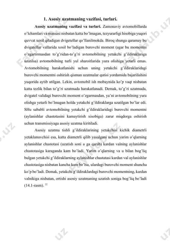 dagi burovchi momentni oshirish qisman uzatmalar qutisi yordamida bajarilishini yuqorida aytib utilgan. lekin, avtomobil ish mobaynida ko’p vaqt nisbatan katta tezlik bilan to’g’ri uzatmada harakatlanadi. demak, to’g’ri uzatmada, dvigatel validagi burovchi moment o’zgarmasdan, ya’ni avtomobilning yura olishga yetarli bo’lmagan holda yetakchi g’ildiraklarga uzatilgan bo’lar edi. shu sababli avtomobilning yetakchi g’ildiraklaridagi burovchi momentni (aylanishlar chastotasini kamaytirish xisobiga) zarur miqdorga oshirish uchun transmissiyaga asosiy uzatma kiritiladi. asosiy uzatma tishli g’ildiraklarining yetakchisi kichik diametrli yetaklanuvchisi esa, katta diametrli qilib yasalgani uchun yarim o’qlarning aylanishlar chastotasi (uzatish soni u ga qarab) kardan valning aylanishlar chastotasiga karaganda kam bo’ladi. yarim o’qlarning va u bilan bog’liq bulgan yetakchi g’ildiraklarning aylanishlar chastatasi kardan val aylanishlar chastotasiga nisbatan kancha kam bo’lsa, ulardagi burovchi moment shuncha ko’p bo’ladi. demak, yetakchi g’ildiraklardagi burovchi momentning, kardan valnikiga nisbatan, ortishi asosiy uzatmaning uzatish soniga bog’liq bo’ladi (14.1-rasm). 22 g) 1 2 3 5 4 14.1-rasm yakka asosiy uzatmalar sxemasi: a – konussimon; …