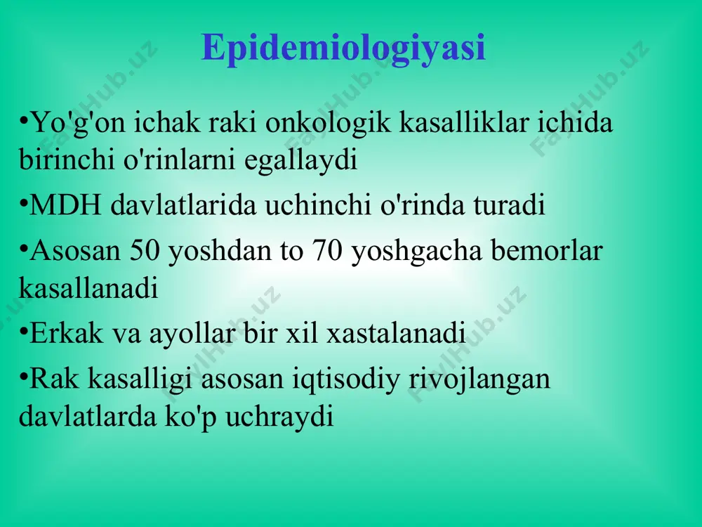 k bo'lib, qabziyat va qorinning keskin dam bo'lishi bilan namoyon bo'ladi. tug'iladigan har 5000 ta chaqaloqdan bittasida uchrashi mumkin. asosan yosh bolalarda va o'smirlarda uchrab, kattalarda esa juda kam hollarda kuzatiladi. etiologiyasi yugon ichak ganglionoz nerv tugunlarining kamligi yoki umuman bulmasligi diagnostikasi bemorning shikoyatlari anamnezi rektal tekshiruv rektoromanoskopiya irigografiya klinik kechishi asosiy belgilari: qorinning dam bo'lishi ich kelmasligi qabziyat, ich kelishga aslo mayl yo'qligi assimetrik qorin ba'zan qabziyat ich surishi bilan alma-shinadi (paradoksal ich surishi). intoksikatsiya alomatlari: bosh og'rig'i, behol-lik, ishtaha yo'qligi diagnostika rektal tekshiruv irigografiya davolash: xirurgik, aganglionar zonana rezektsiya qilinib, dekompensatsiyaga uchragan yogon ichak kismlari olib tashlanadi. nospetsifik yarali kolit nospetsifik yarali kolit - yo'g'on va to'g'ri ichaklar shilliq qavatining yarali-nekrotik o'zgarishi bilan kechuvchi surunkali yallig'lanish kasalligidir. patogenezi organizm sensibilizatsiyasi autoimmun reaktsiya rivojlanishi i ichak shilliq qavatida antigen- antiteloreaktsiyasi kolit, yaralar kelib chiqishi ikkilamchi infektsiya qo'shilishi ichak nerv apparatining buzilishi alimentar yetishmovchilik etiologiyasi infektsion naza-riya, allergik jarayon nazariyasi. …