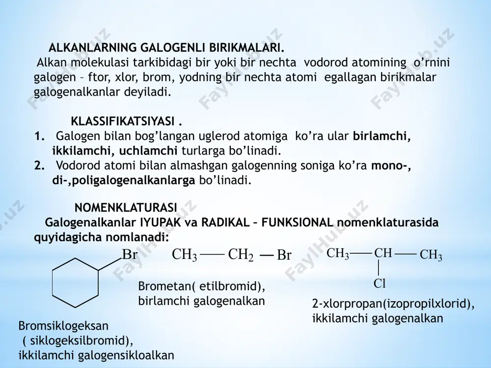 i ortib boradi. yodalkillarniig nisbiy zichligi katta va ularning qaynash temperaturalari tegishli bromalkillarnikidan yuqori, bromalkillarniki esa xloralkillarnikiga nisbatan yuqoridir. ularning gomologik qatorida galoid molekulyar massasi ortib borishi bilan nisbiy zichligi kamayib, qaynash temperaturasi ortib boradi. ular odatdagi organik erituvchilarda eriydi. ularning o`zi ham erituvchi hisoblanadi. uglerod atomidagi elektron bulutning zichligi kamayadi va u qisman musbat zaryadlanadi. shunday qilib, kovalent bog`ning qutblanishi sodir bo`ladi: galogenli hosilalarda bog`ning qutblanishi qo’shni uglerod-uglerod va uglerod-vodorod bog`larning qutblanishiga olib keladi. qutblanish atomlar zanjiri (molekulaning –bog`lari) orqali bir atomdan ikkinchisiga beriladi va galogen atomidan uzoqlashgan sari qutblanish kuchsizlanib boradi: c—f, c—cl, c—br va c—j bog`lar bir-biridan qutblanuvchanligi bilan farq qiladi. ayniqsa, c—j bog`ning qutblanuvchanligi c-f bog`ning qutiblanuvchanligiga nisbatan ancha kattadir. -allil tipidagi birikmalarda galogen faol bo’lsa, -vinil tipidagi birikmalarda galogen faolloigi qisman yo’qolgan. umuman olganda galogenalkillarning nukleofil o’rin olish reaksiyasi ikki xil mexanizm bo’yicha amalga oshadi. bu mexanizm bilan tanishish uchun galogenalkillarga ishqorning suvdagi eritmasi ta’sirini …