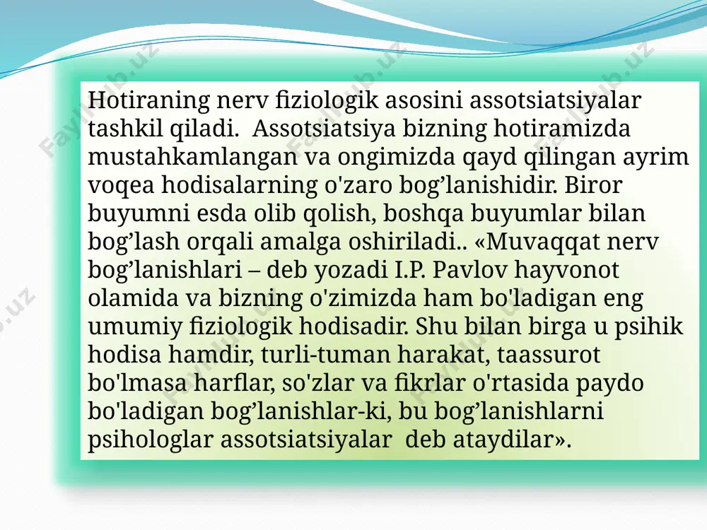 vujudga kelishidir. esda qoldirish o'zining faolligi jihatidan ikkiga bo'linadi: a) ihtiyorsiz esda qoldirish- oldindan maqsad quyilmaydi, mavzu tanlanmaydi va iroda kuchi sarflanmaydi. b) ihtiyoriy esda qoldirish- oldindan maqsad qo'yib mavzu belgilanadi. ihtiyoriy esda qoldirishda quyidagi turli usullardan foydalaniladi: maqsad qo`yish, masalan, institutga kirish oldidagi maqsad; o‘quv materiallarini tushunib esda qoldirish; esda qoldirishning ratsional usullaridan foydalanish, masalan, esga tushirish yo'li bilan esda qoldirish psihologiya fanida esda olib quyidagi turlari mavjud: ma'lumot, habar, taassurot, ahborot va materiallarni eshitish orqali idrok qilish hamda esda olib qolish egallash yoki o'zlashtirish zarur bo'lgan materiallarni ko'rib idrok qilish materiallarni harakat yordamida va eshitish orqali idrok idrok qilish hamda esda olib qolish aralash holatda esda olib qolish, eshitish, ko'rish, harakat kabilar orqali idrok qilish va esda olib qolish yoki bir nechta ta'sir etuvchilar yordamida aks ettirish esda olib qolish jarayoni deganda sezgi, idrok, tafakkur, ichki kechinmalarni hotirada saqlanish hususiyati tushuniladi. esga tushirish -o'tmishda idrok qilingan narsalar, his-tuyg`u, …